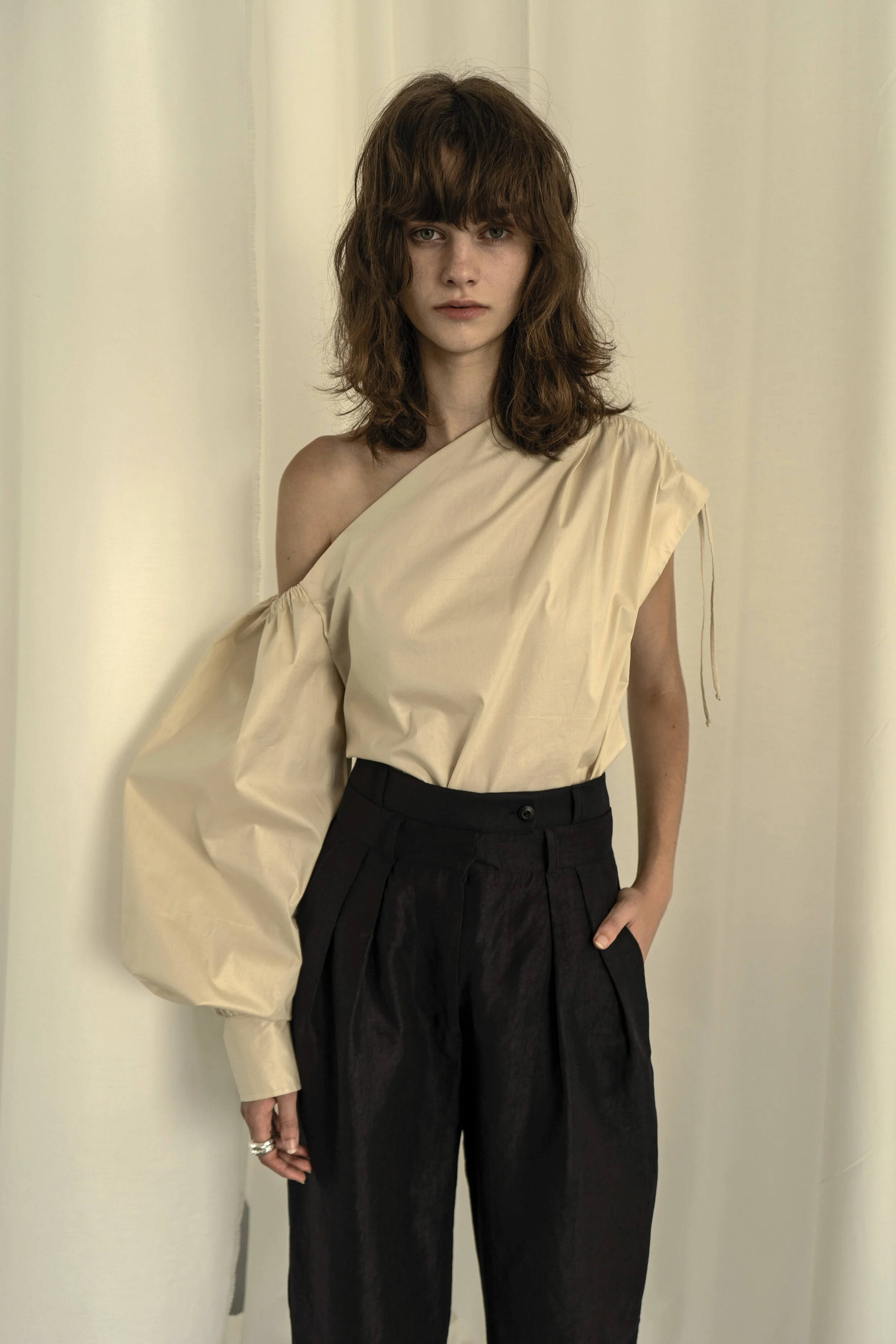 KHERSON CREAM ONE SLEEVE COTTON BLOUSE