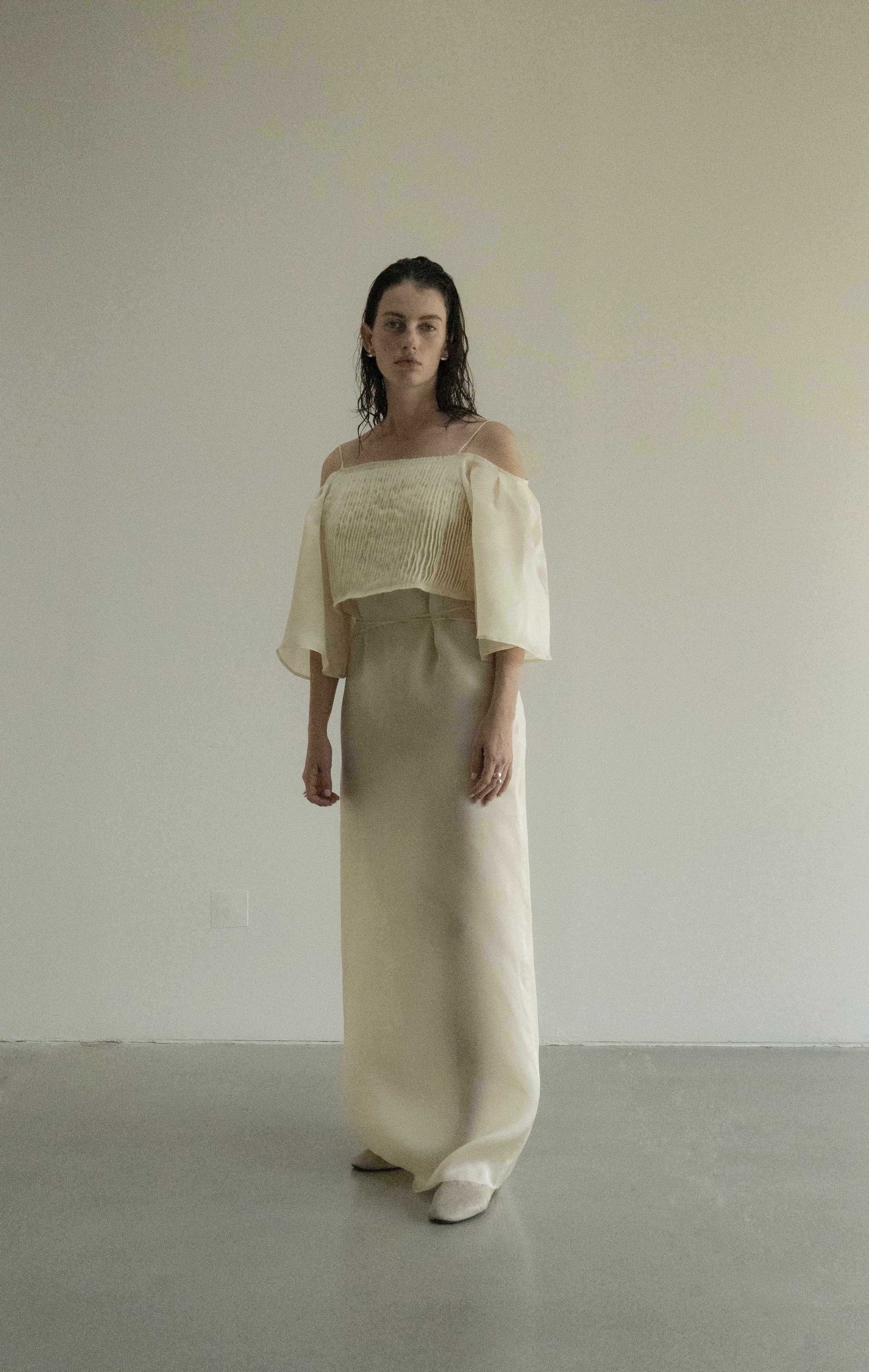 nude organza dress Amirah Hourglass Extended Flap Organza Voile Mini Dress