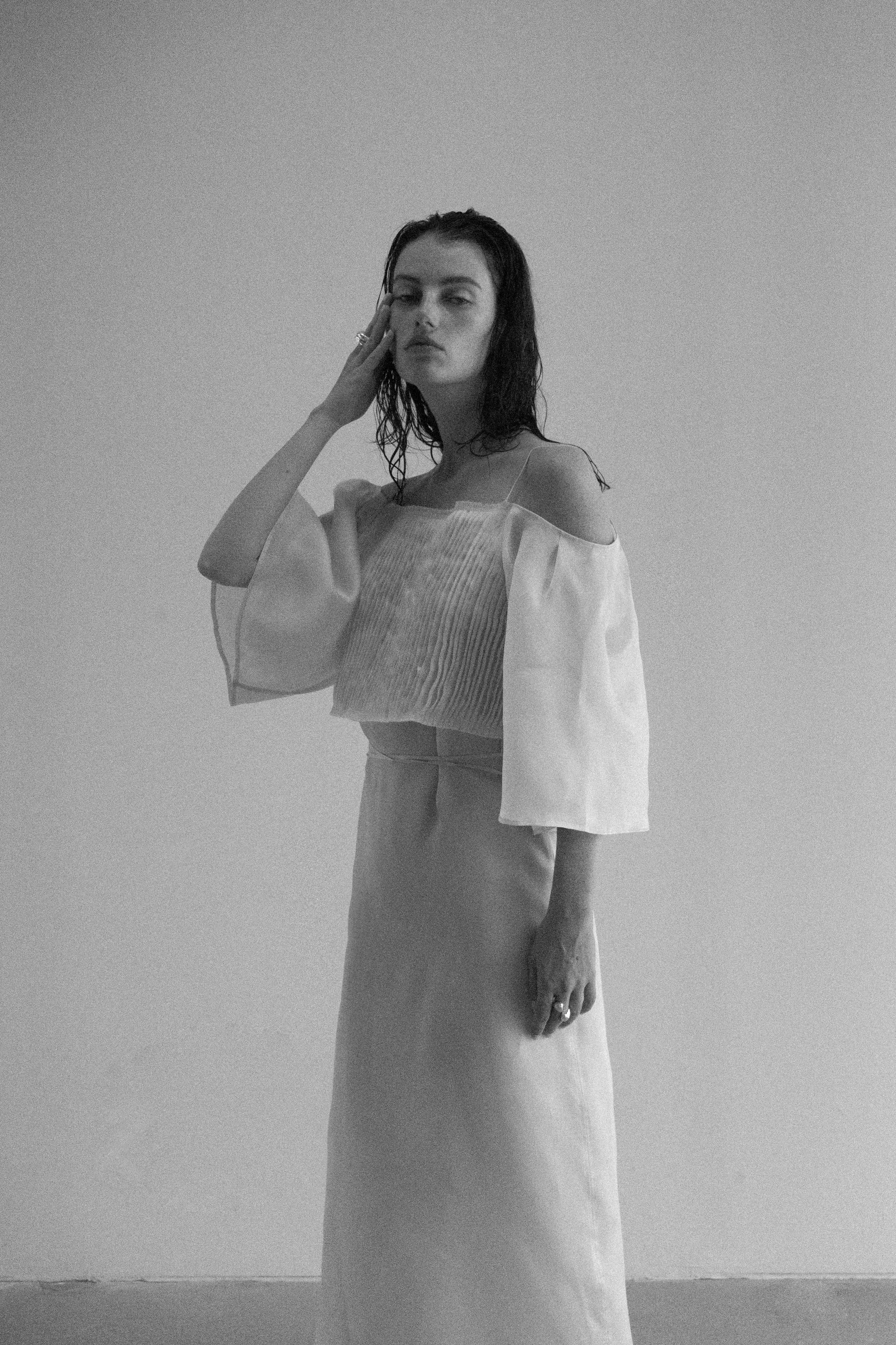 nude organza dress ROSEE de MATIN SOFT FLOW ORGANZA MAXI DRESS IN IVORY