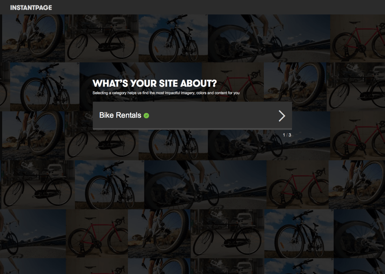 After selecting a category in InstantPage, high quality stock images related to that vertical would appear in the background.