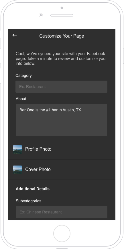 Customization fields for a new Facebook Page