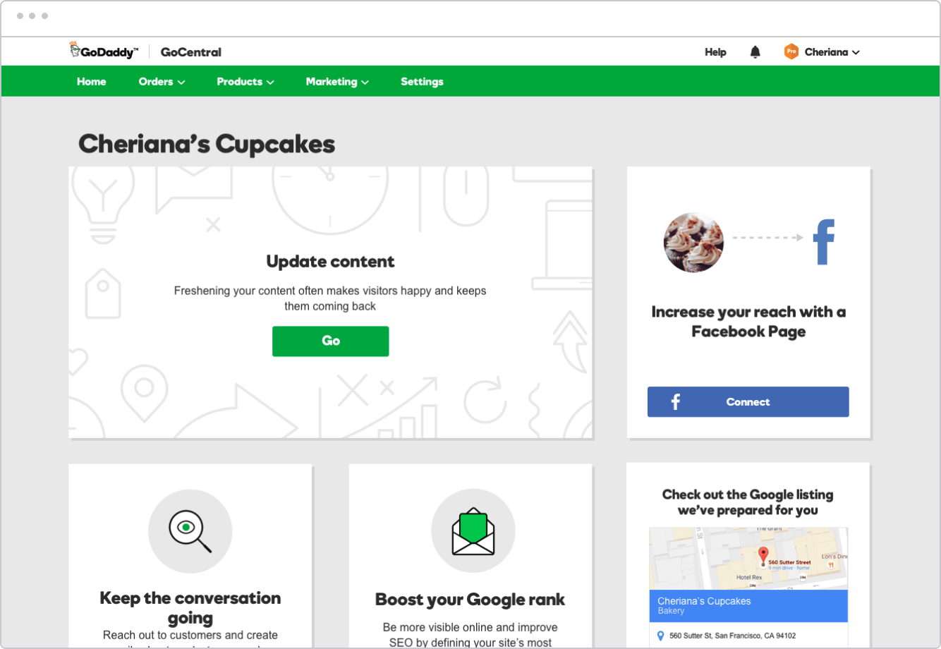 The final card design for GoCentral Dashboard was updated to pull in the user's logo or main image from their website.