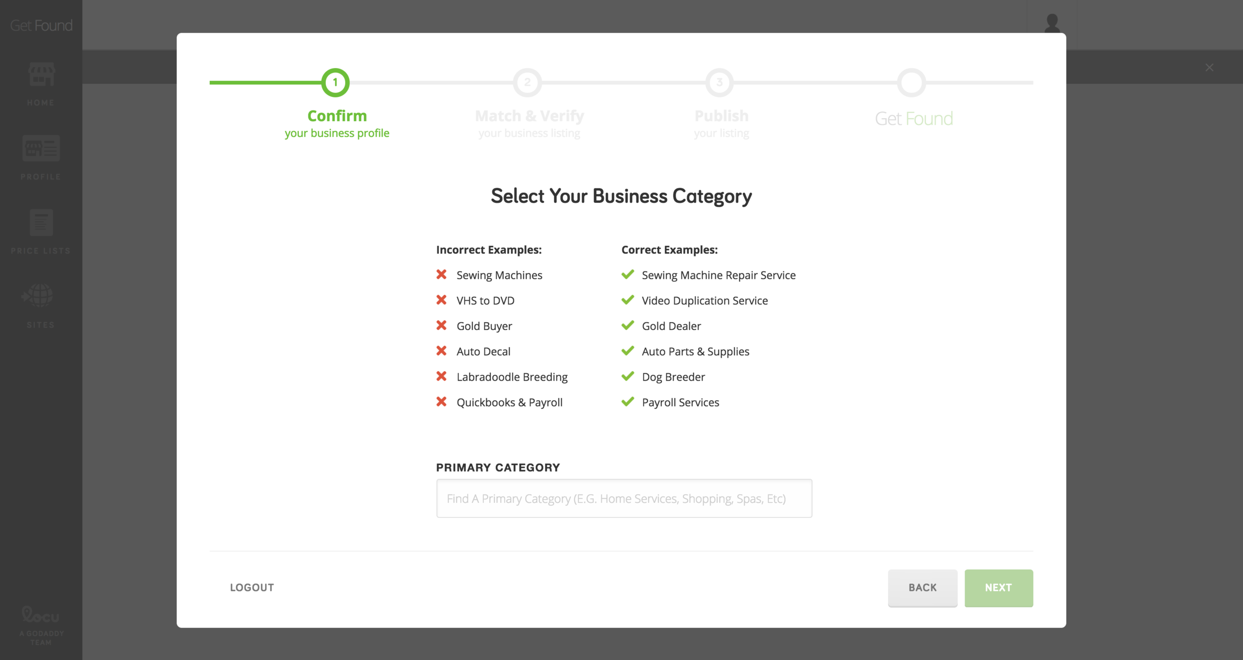 Get Found Onboarding - category type