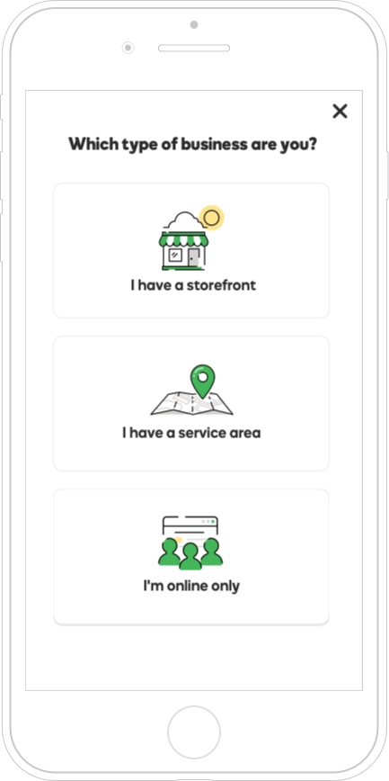 Business type selection screen for mobile