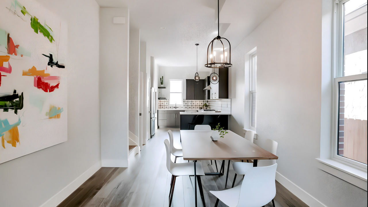 Modern dining area with a wooden table, white chairs, and a vase with greenery, leading to a kitchen with dark cabinets, white countertops, and natural light from windows.