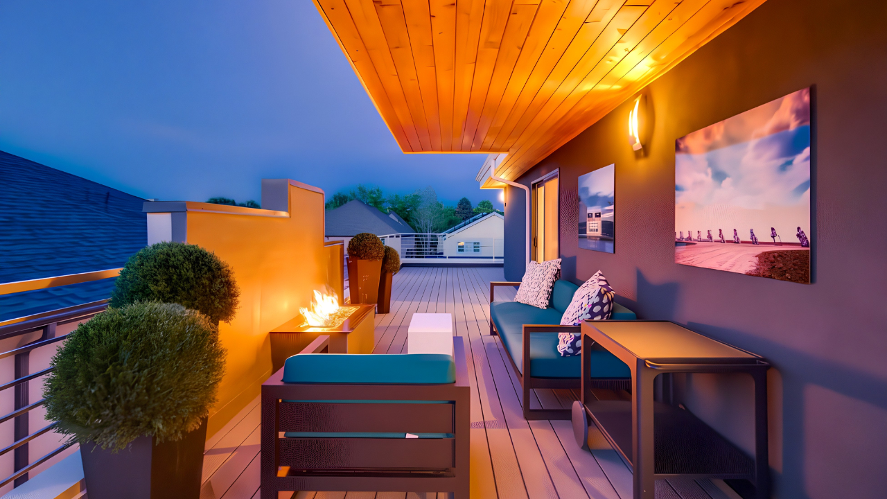 Outdoor rooftop patio at dusk with a fire feature, outdoor seating, potted plants, and wall art.