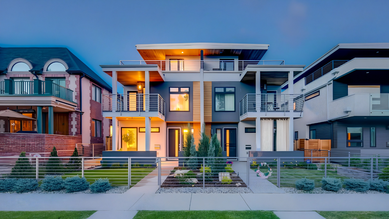A modern multi-story house with balconies and a landscaped front yard, situated between two other houses. The house is illuminated from inside, and it has a contemporary design with clean lines and a mix of gray, white, and wood exterior elements.