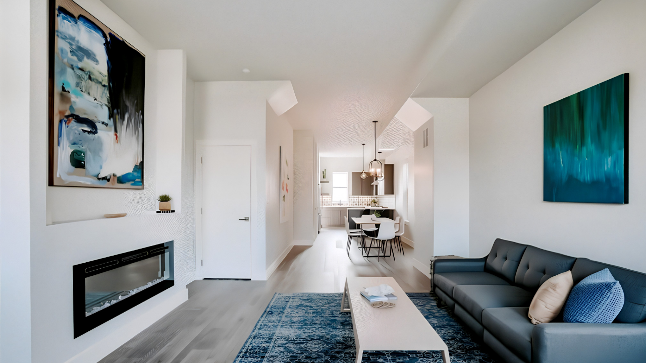 Modern living room with white walls, gray couch with pillows, a white coffee table, a blue patterned rug, and abstract paintings on the walls. Open dining area with round table and chairs, and a kitchen in the background.