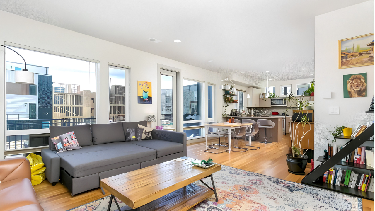 Open-plan living room and kitchen with large windows, gray sofa, wooden coffee table, and decor including paintings, books, and plants.