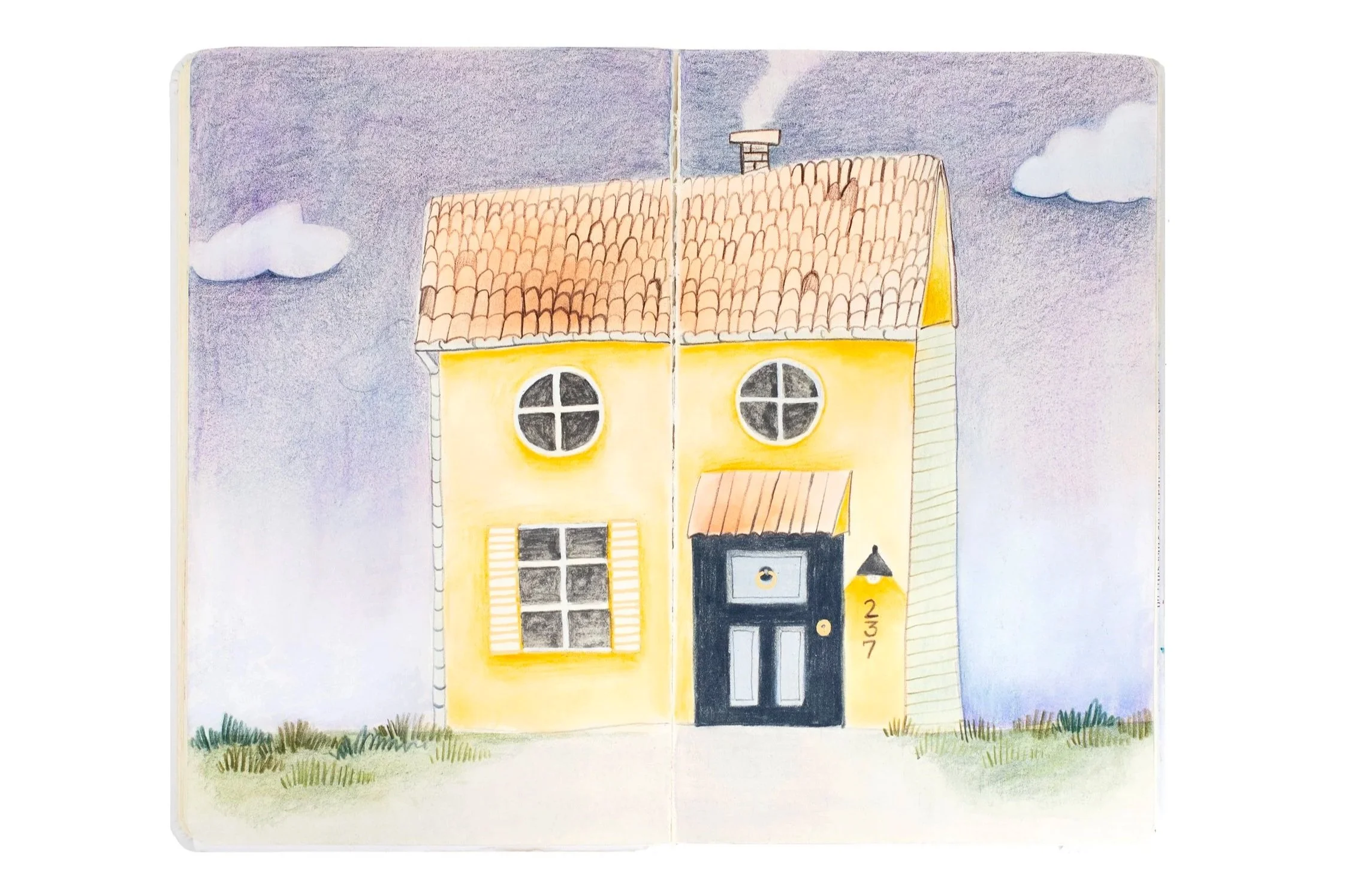 double-pages sketchbook illustration dessin pastel et crayons coquette maison jaune