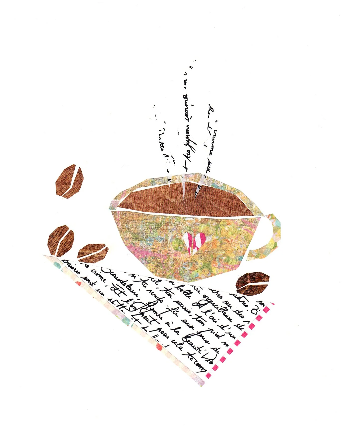 collage d'une tasse de café fumante avec grains et serviette de table