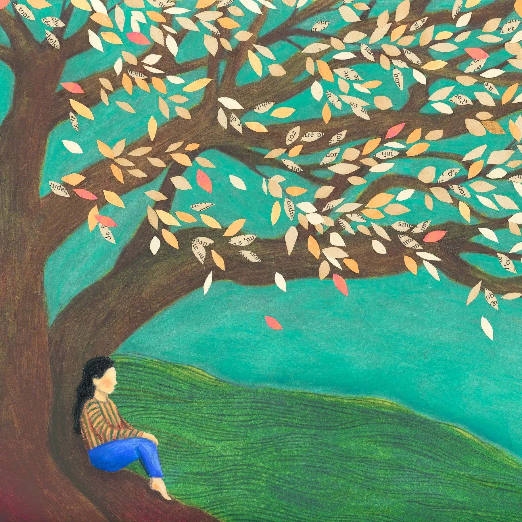 illustration jeune femme sous grand arbre aux feuilles découpées et collées sur pâturage vert