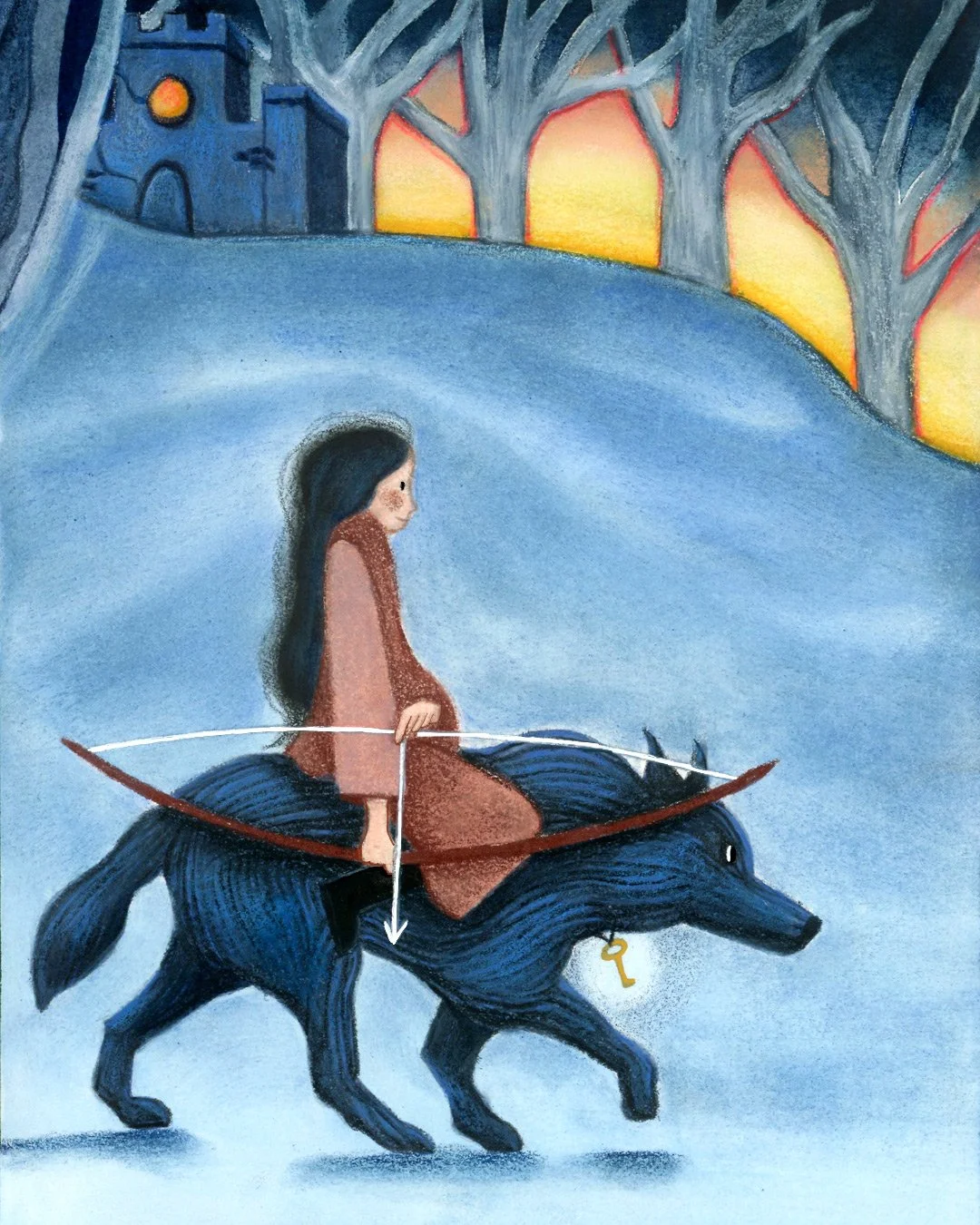 💙 Bluebeard @folktaleweek 

Day 7. Dawn - At the top of distant mountains, in a dark castle surrounded by restless wildlife, lived a woman who hunted vicious beasts at night with her faithful companion until dawn.
.
Inspired by the tale of Bluebeard