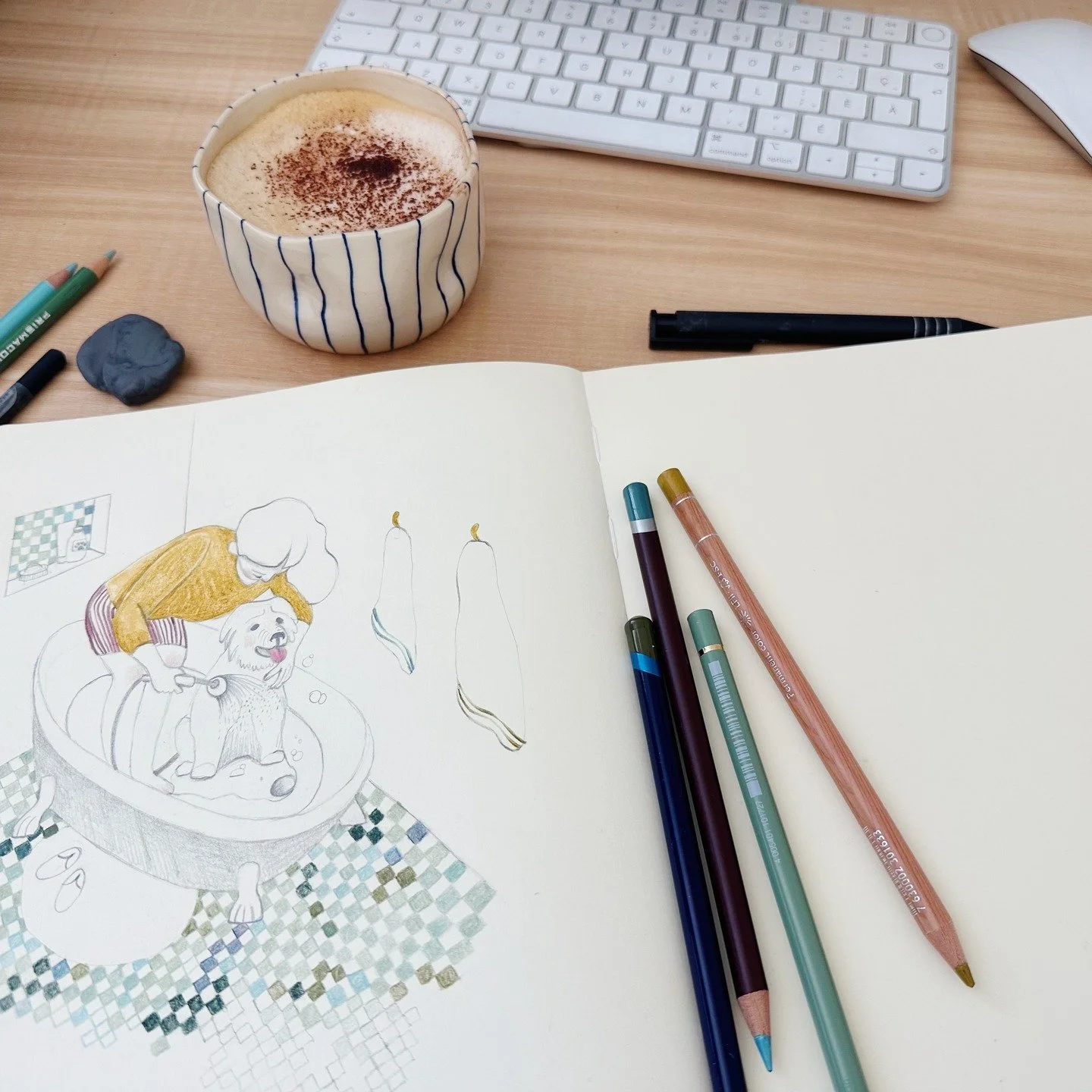 Just the kind of day I love⎯pencils + sketchbook + cappuccino in my new favorite cup @monokiini.
.
.
.
#sketchbookpractice #illustratorswork #cappuccinolover #picturebookillustrator #findyourfreakflag