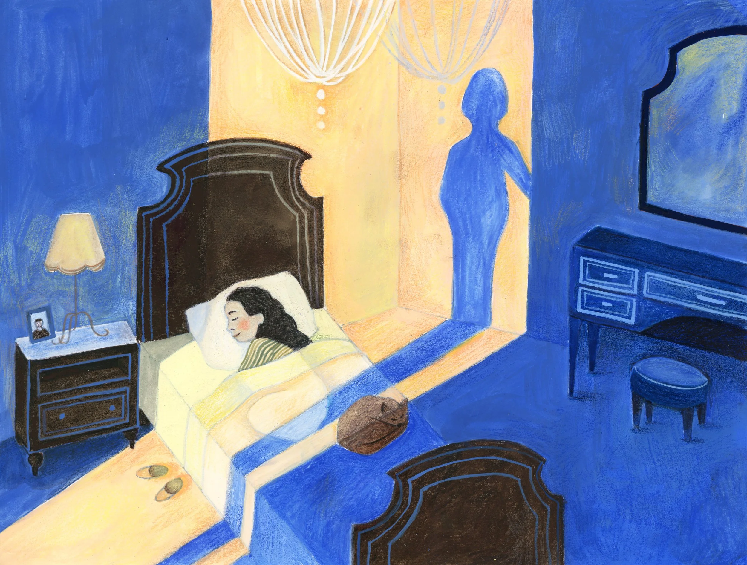 Illustration fillette endormi dans son lit avec chat la nuit et adulte qui entre ouvre la porte avec faisceau lumineux