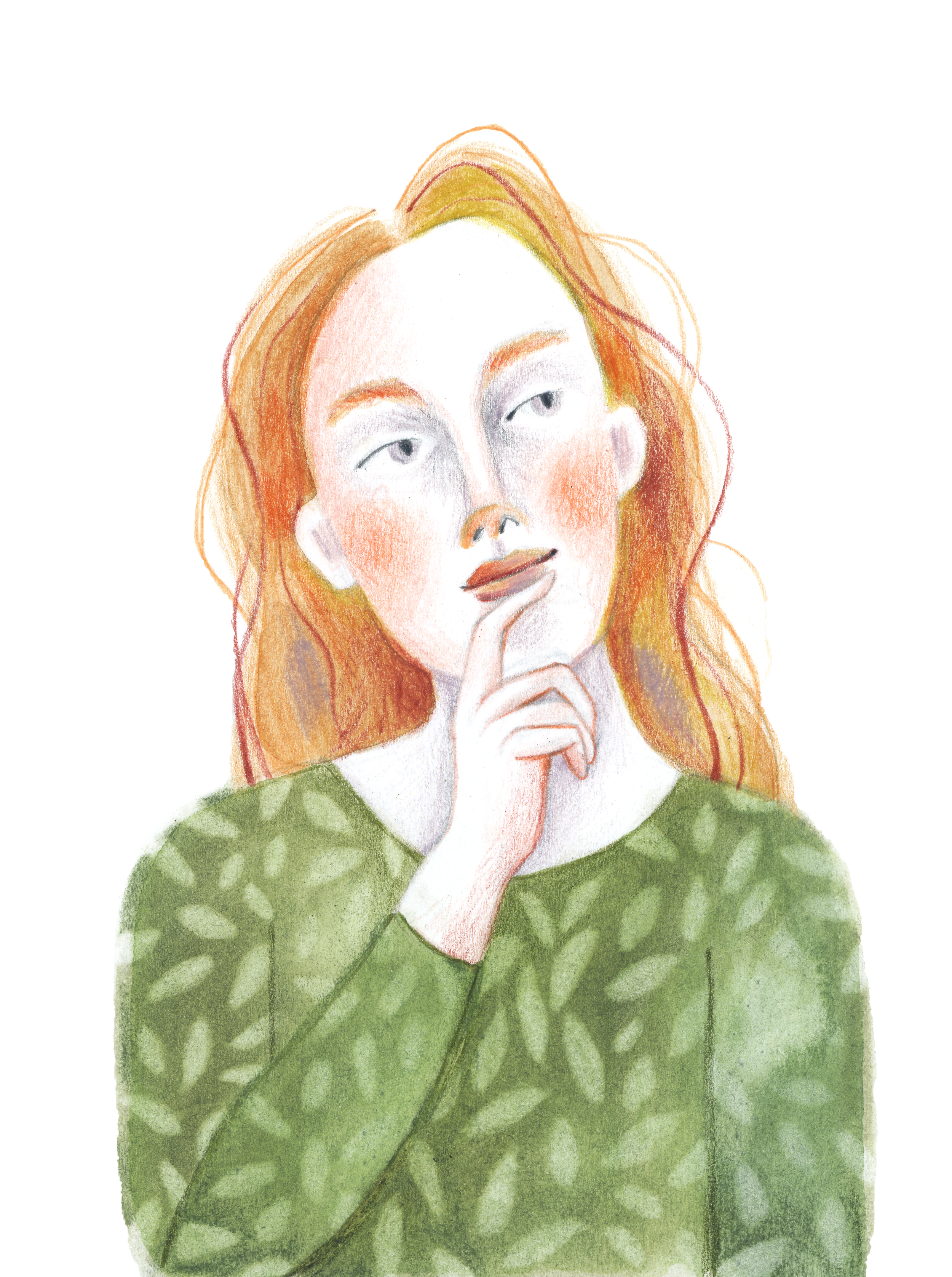 illustration dessin portrait jeune femme rousse songeuse chandail vert motif de feuilles