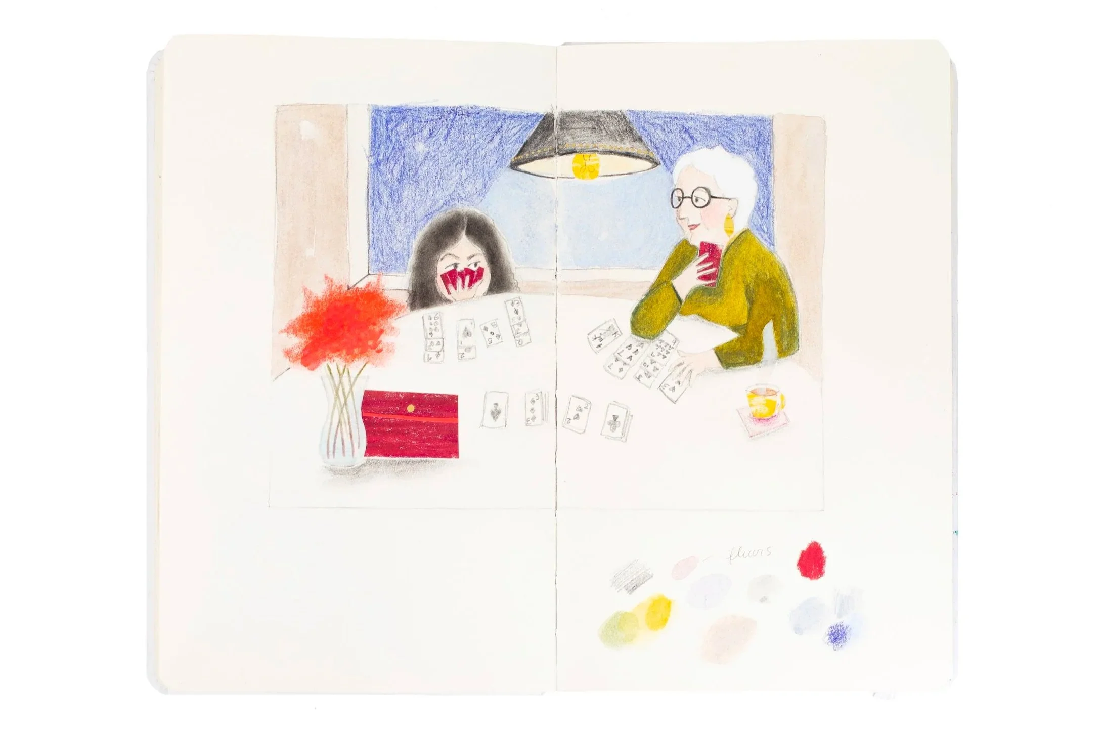 double-pages sketchbook dessin de mamie et petite fille à table qui joue aux cartes