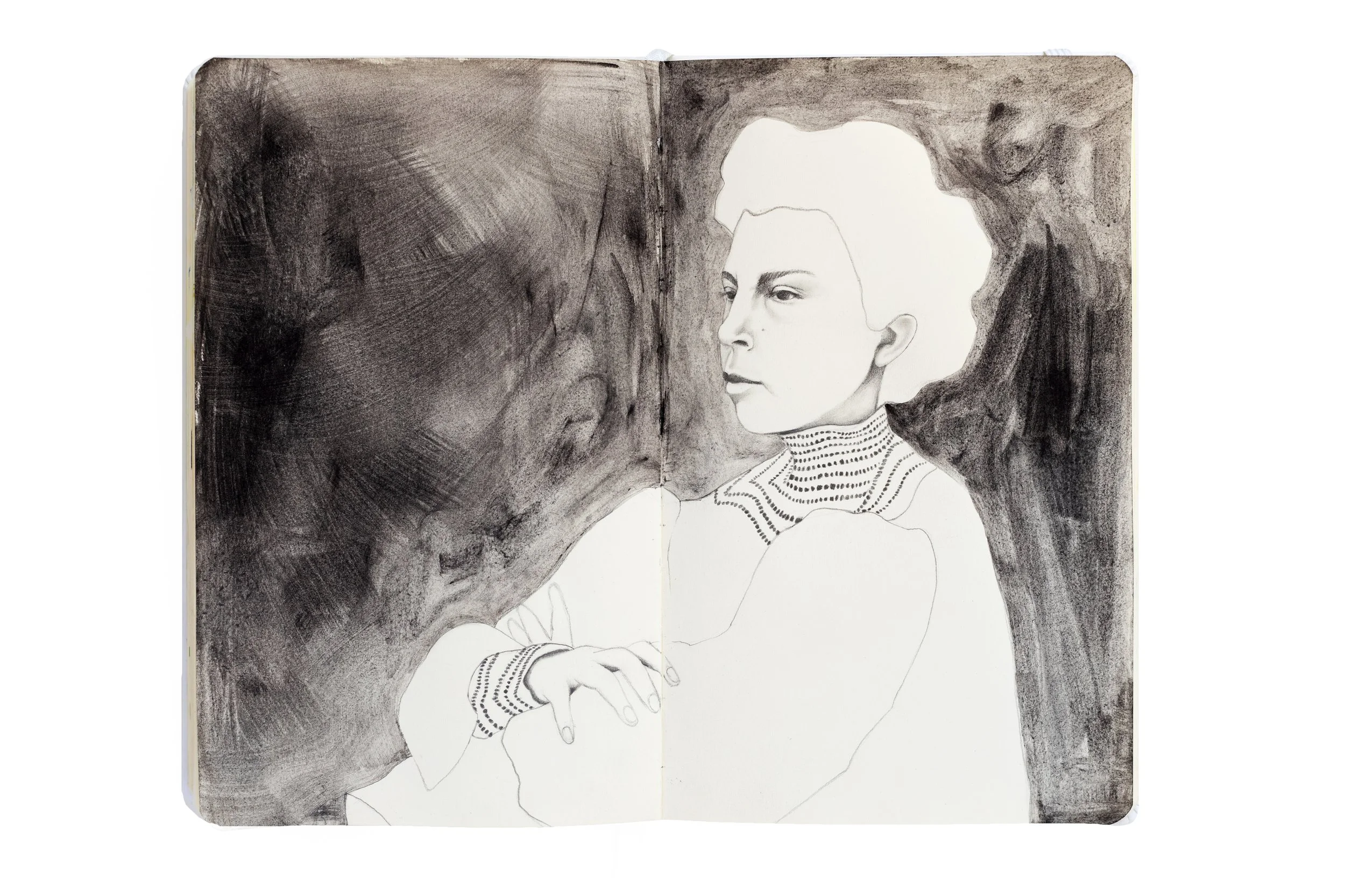 double-pages sketchbook portrait féminin noir et blanc