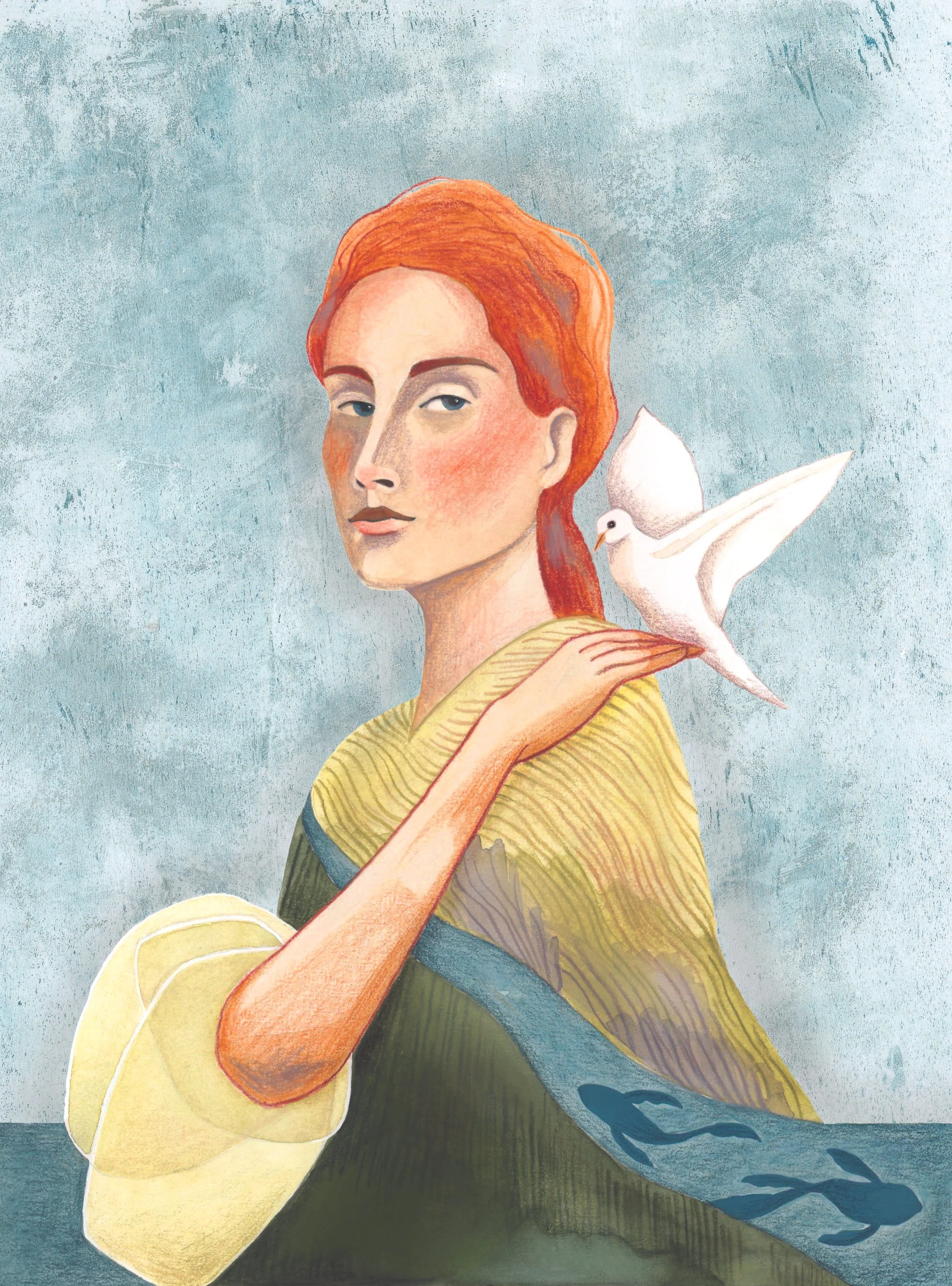 Dessin portrait femme montagne rousse avec rivière et colombe blanche