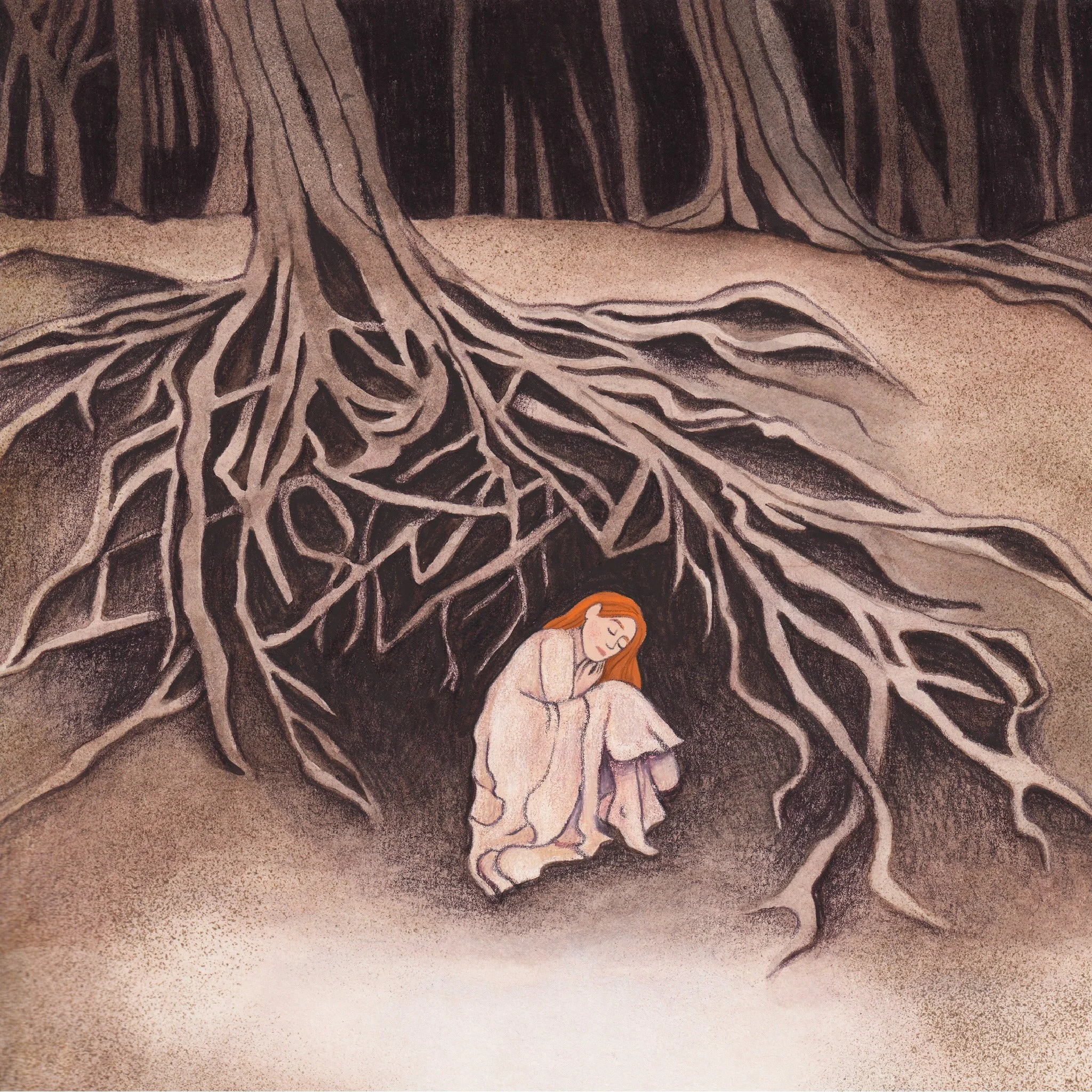 illustration jeune femme rousse recroquevillée sous les racines d'un arbre dans forêt sombre