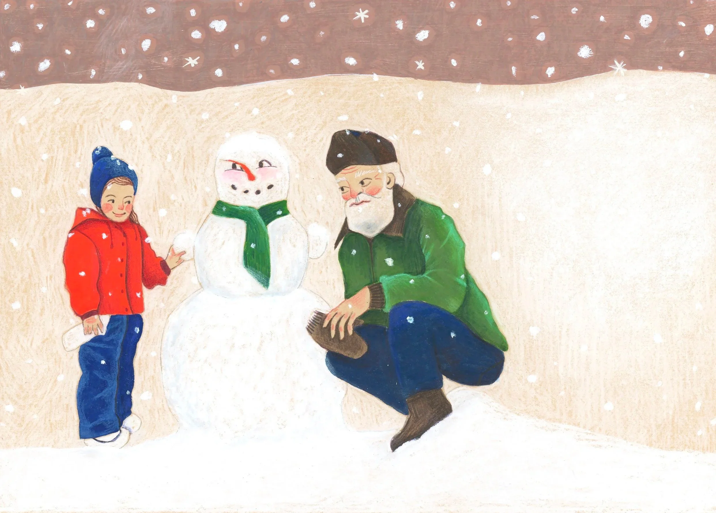 illustration fillette dans son habit d'hiver face à papi agenouillé chaque côté de leur bonhomme de neige