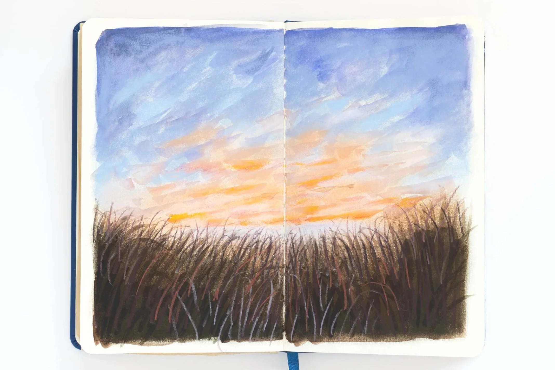 double-pages sketchbook dessin pastel soleil couchant ciel rosé graminés sombres