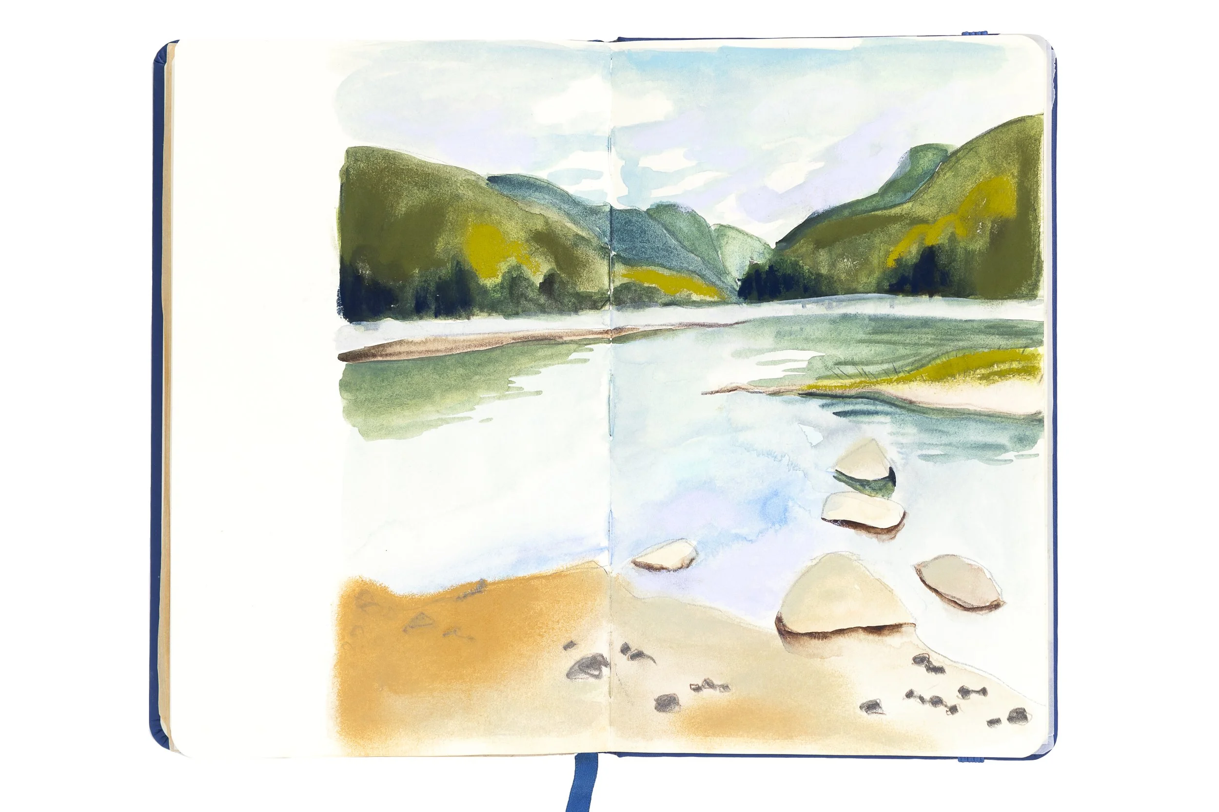 double-pages sketchbook dessin pastel et aquarelle rivière du parc de la Jacques Cartier