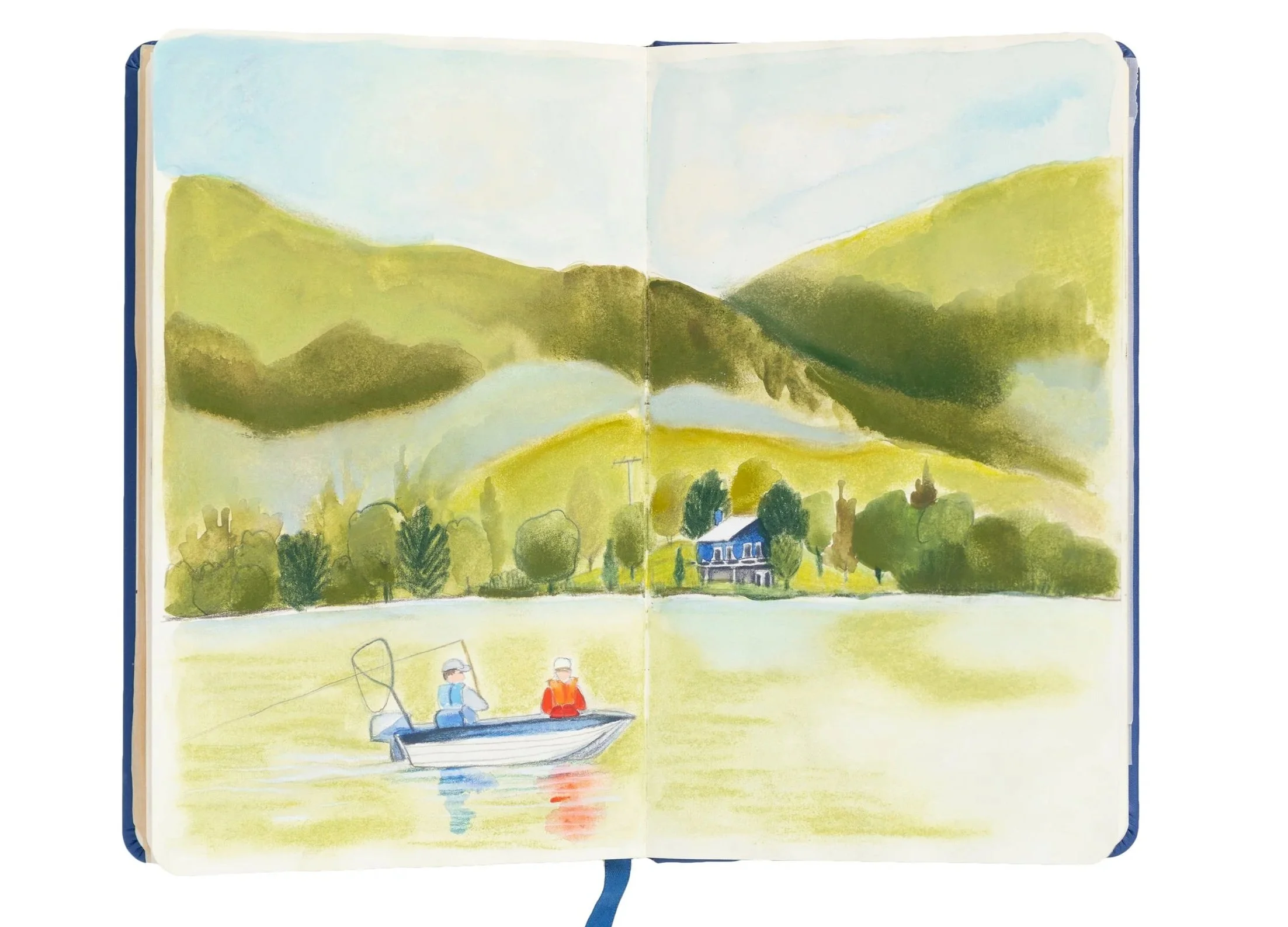 double-pages sketchbook illustration deux pêcheurs dans chaloupe sur lac entouré de montagnes