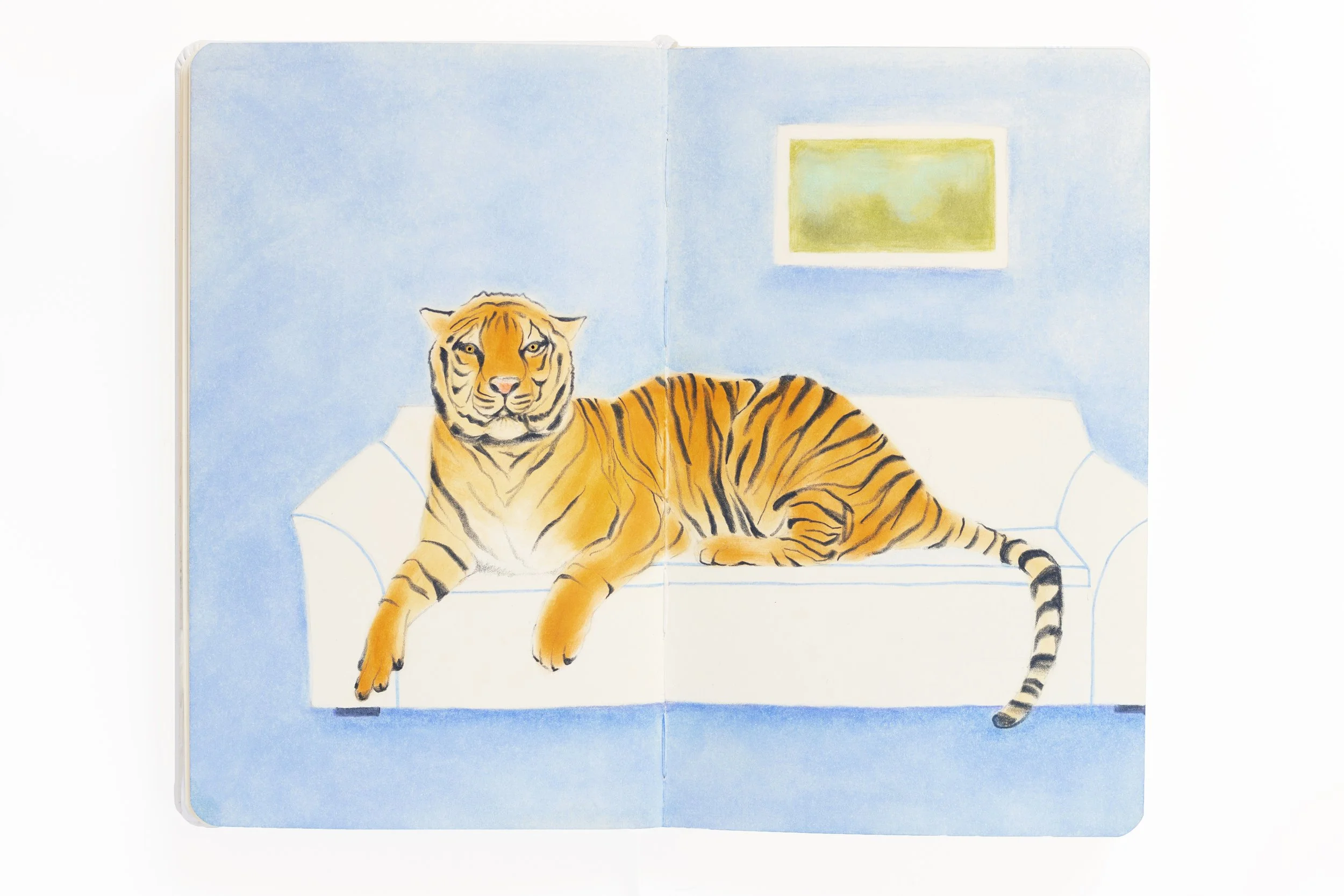 double-pages sketchbook dessin tigre couché sur sofa dans salon