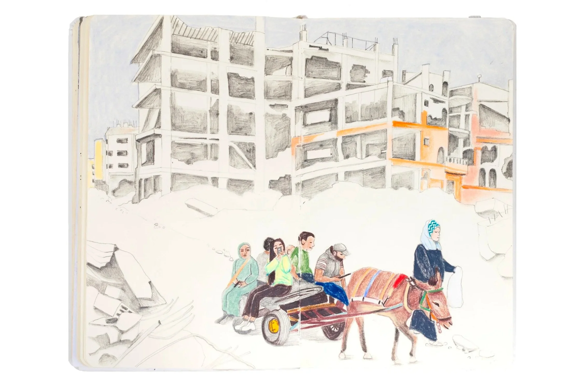 double-page sketchbook dessin de bâtiments détruits par la guerre avec habitants démunis