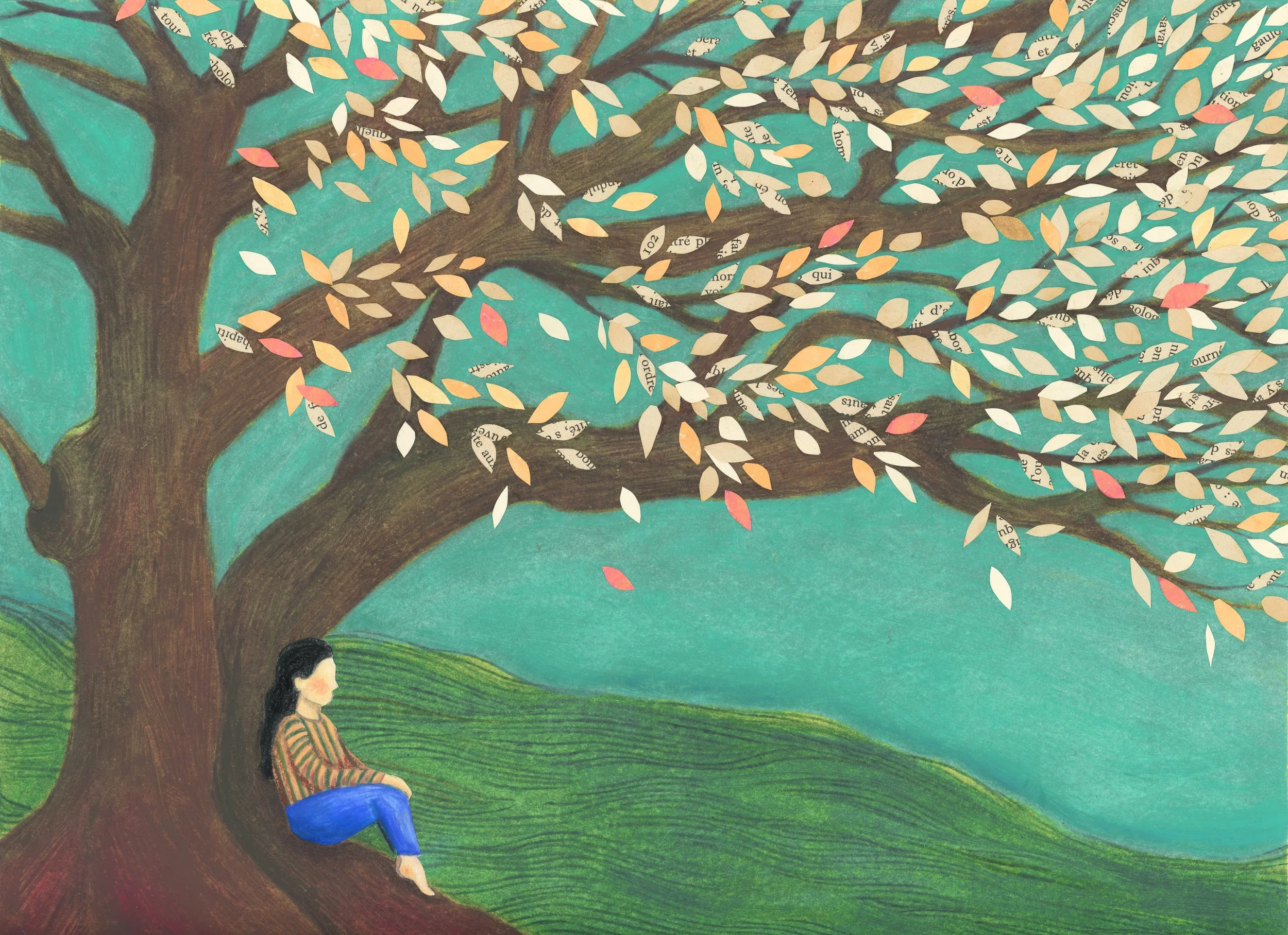 Illustration jeune fille sous grand arbre aux feuilles découpées et collées dans un pâturage vert