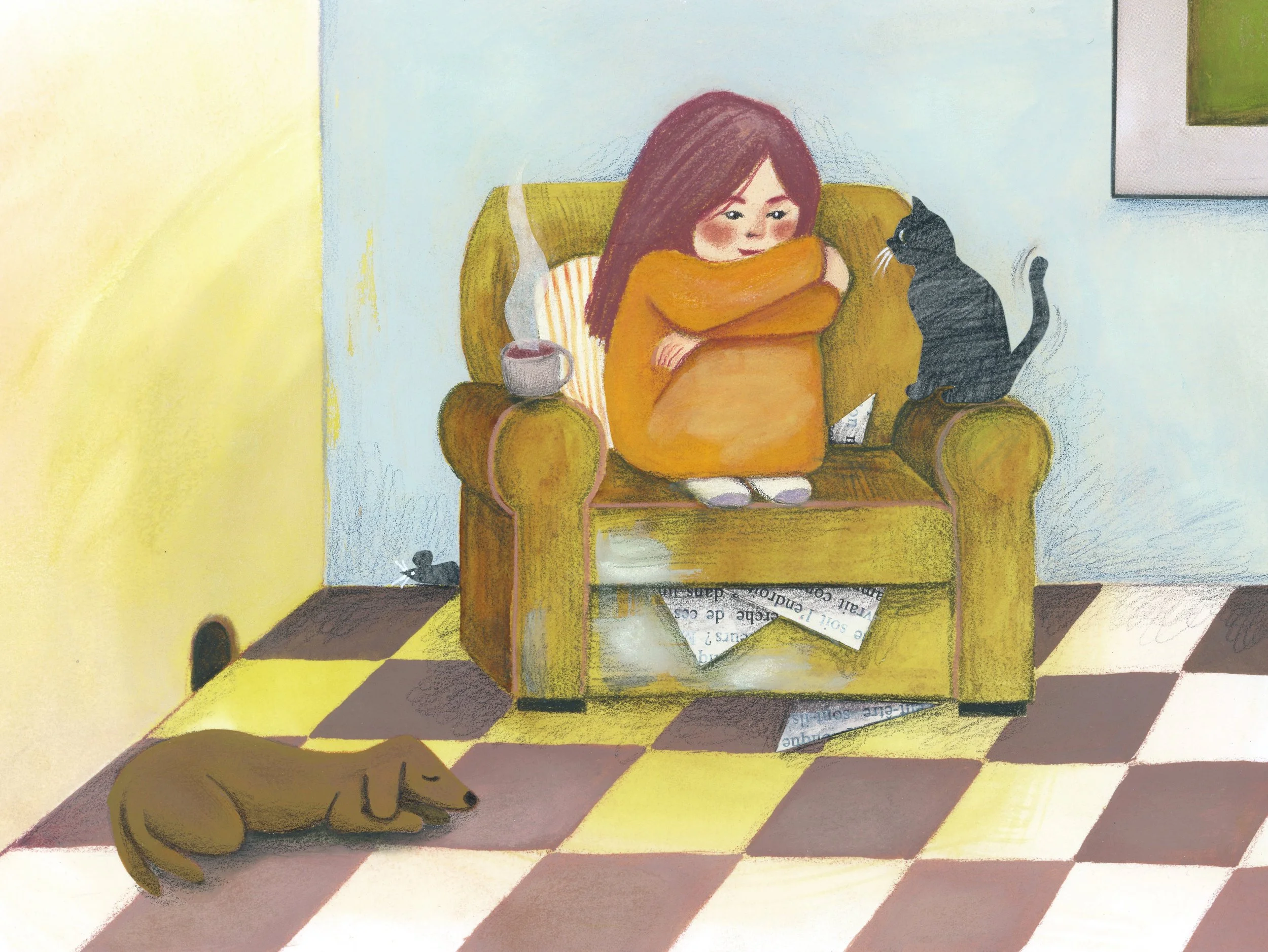 dessin fillette boudeuse assise sur fauteuil vert avec tasse fumante, chat noir et chien brun endormi