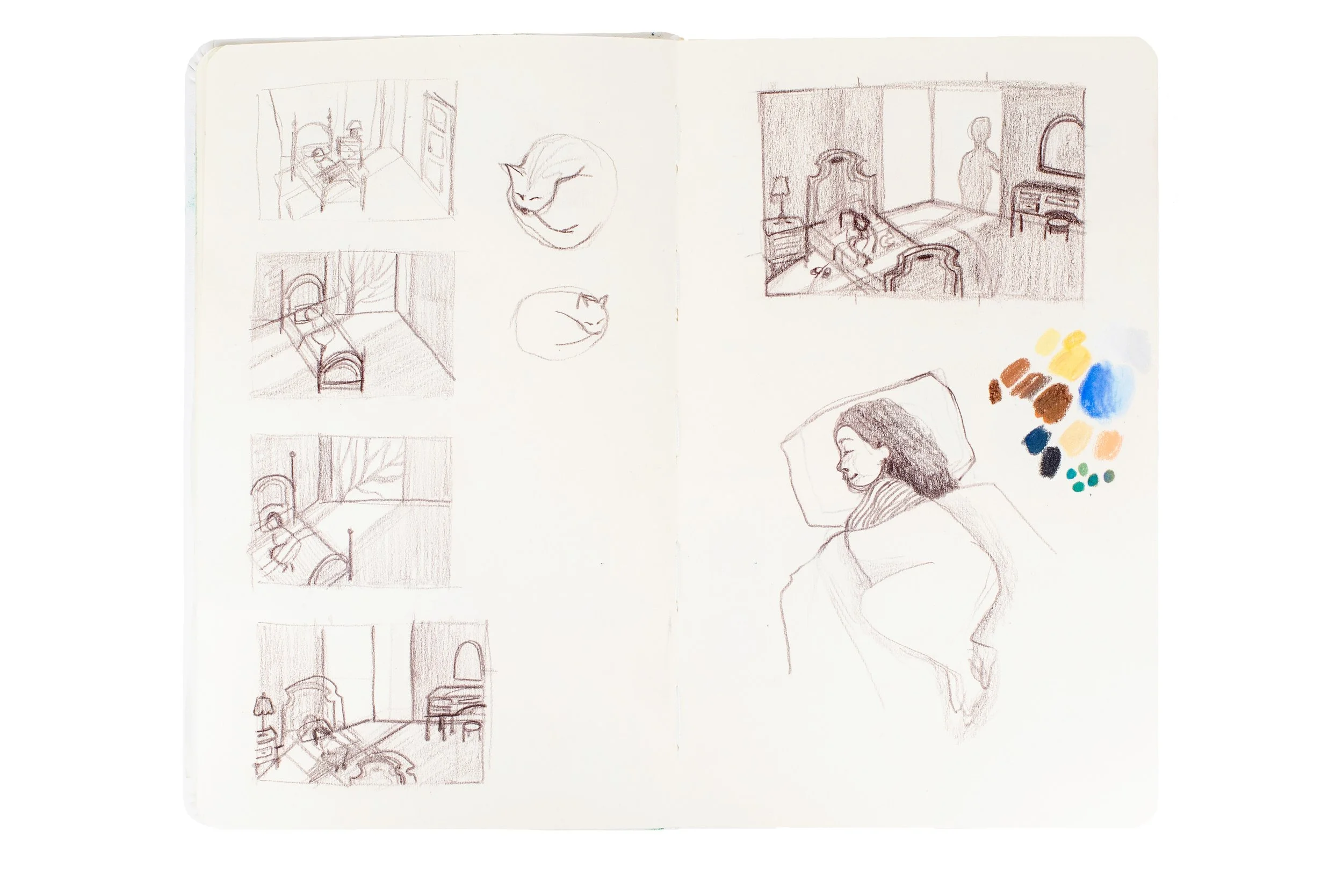 double-pages sketchbook esquisse chambre d'enfant fillette endormie