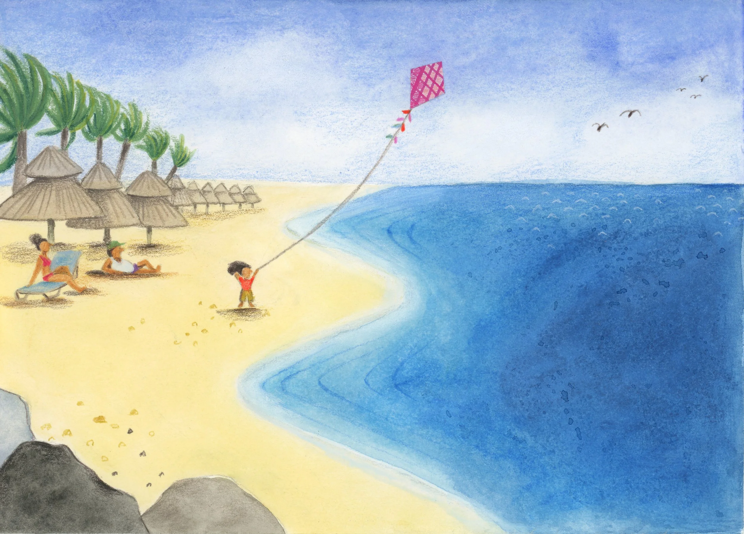 illustration enfant sur la plage qui joue avec cerf-volant accompagné de ses parents