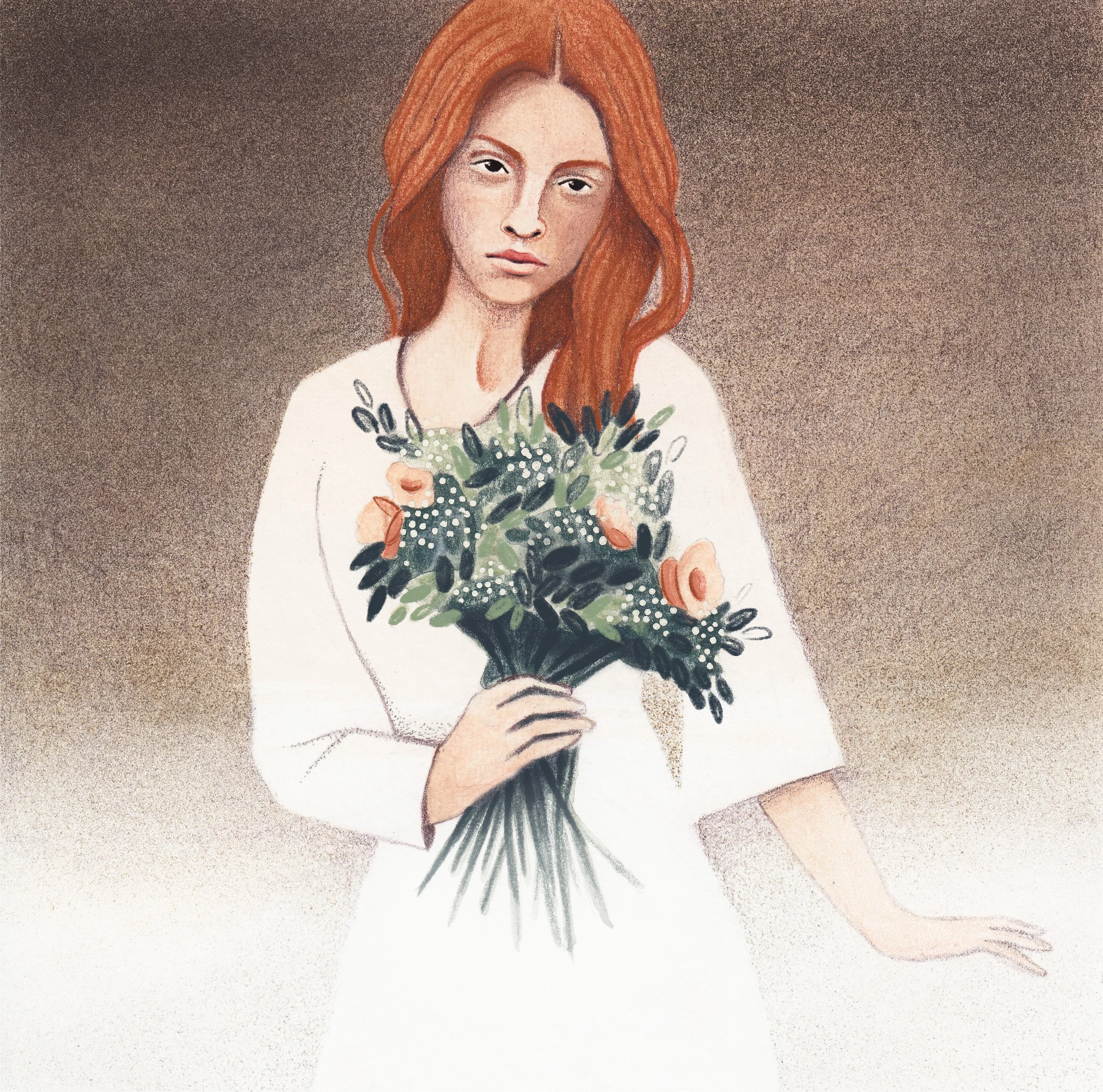 illustration jeune mariée rousse avec robe blanche et bouquet de fleurs atmosphère brumeuse