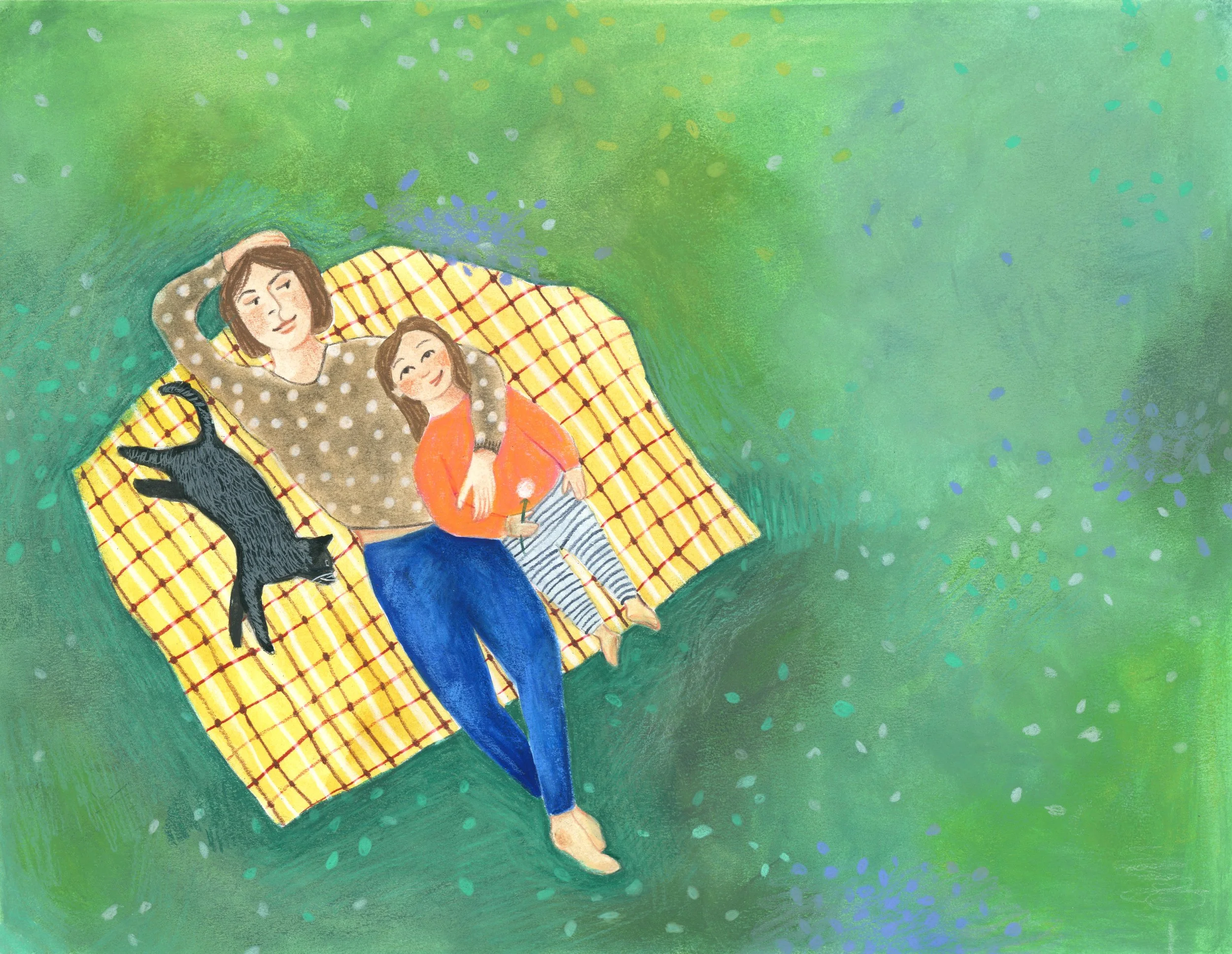 illustration femme et petite fille enlacées couchés sur le dos d'une couverture étalée dans la pelouse contemple le ciel avec chat