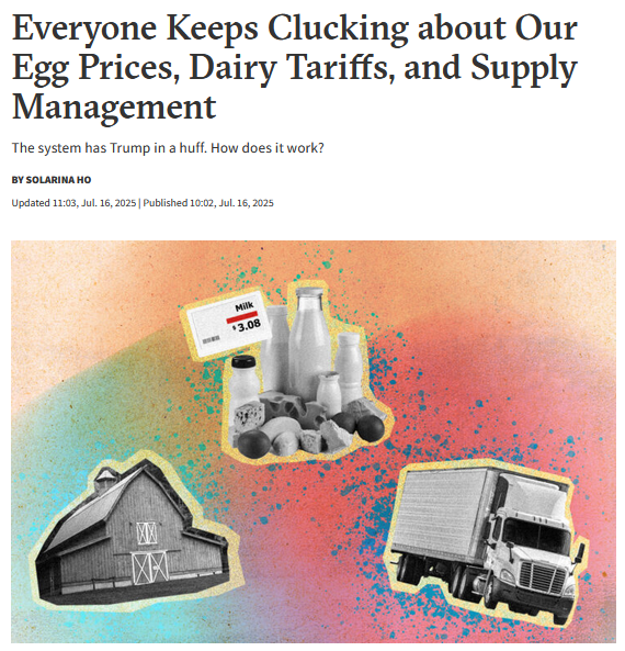 Headline: Everyone Keeps Clucking about Our Egg Prices, Dairy Tariffs, and Supply Management with image of milk products, barn, and truck