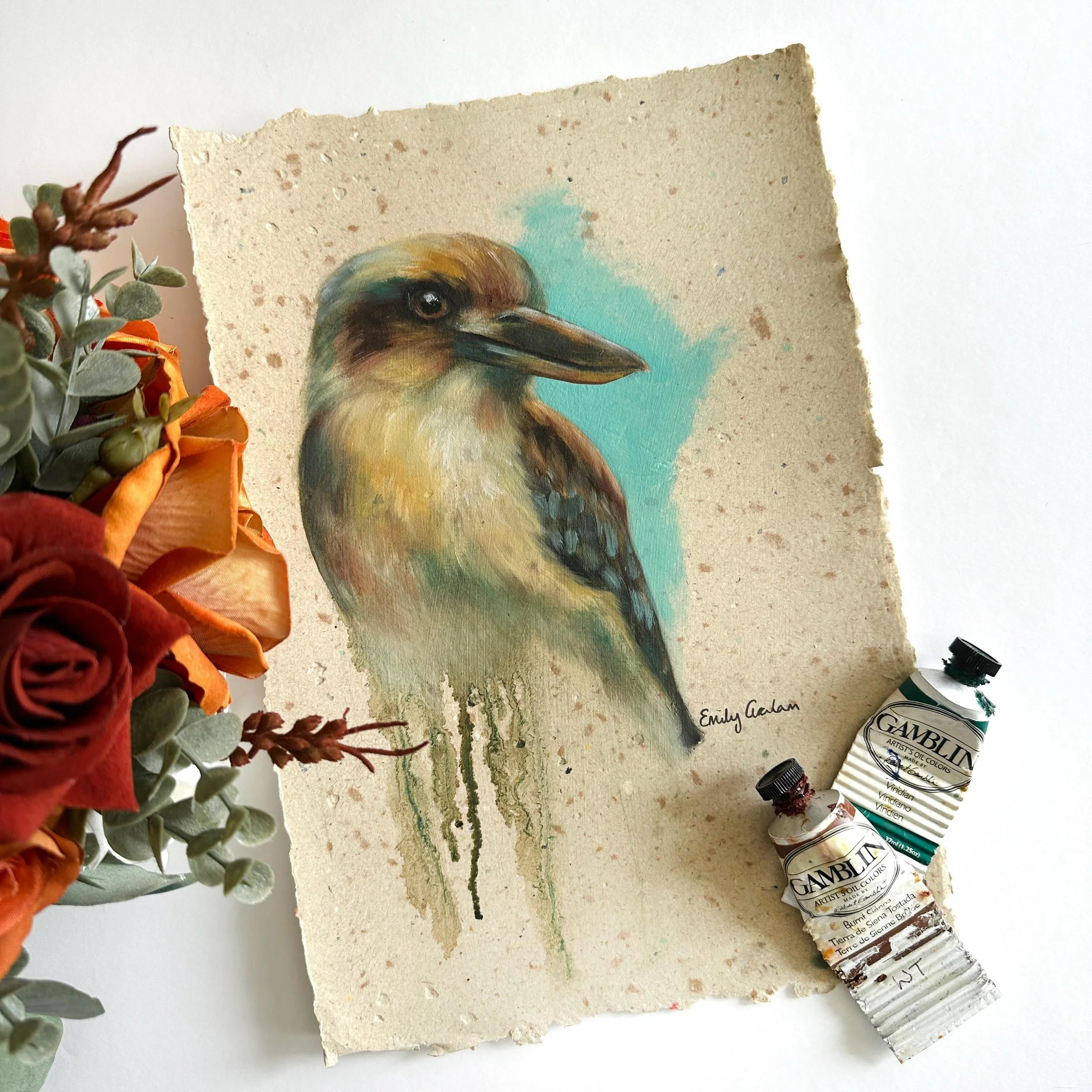 A Kookaburra oil painting study, with one of my favourite limited palettes (Viridian, Yellow Ochre, Burnt Sienna and Ivory Black) ❤️🥰 I&rsquo;m so obsessed with this colour palette!

#recycledpaper #recycled #oilpainting #wildlifeart #artistsoninsta