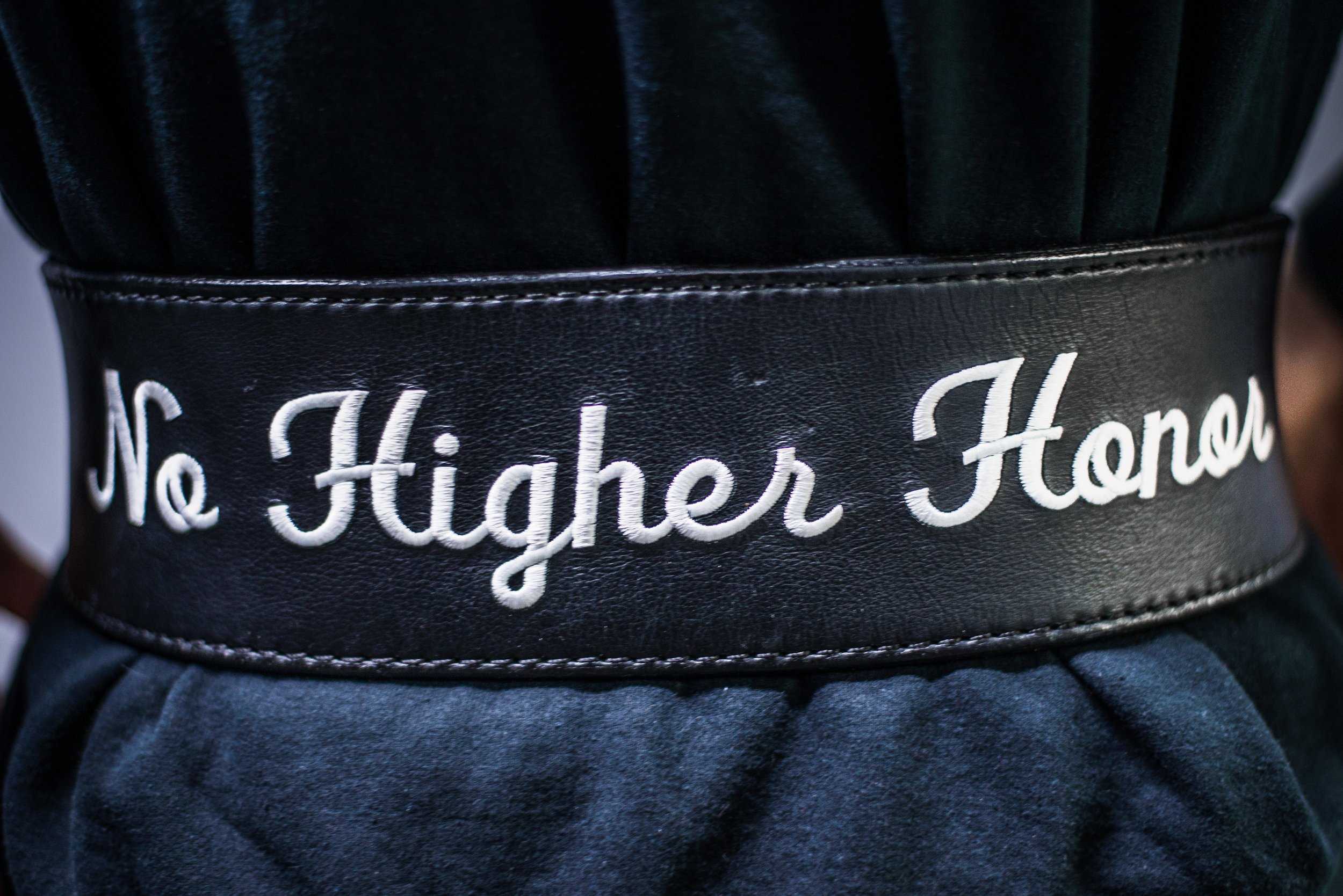  Brett's lifting belt reads "No Higher Honor", Oct. 9 at Mountain Town Fitness in Mount Pleasant, Michigan. Brett joined the Navy about 6 years ago. "I'm on a different course now where working for the government is probably something I never want to