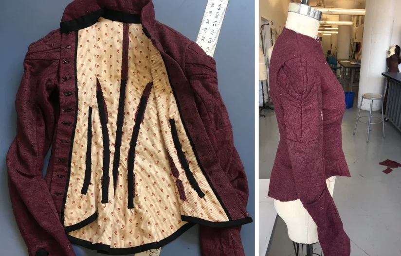  Bodice is fully boned &amp; entirely finished in silk thread. It is lined in reproduction 1870s fabric. The sleeve has decorative pleats at the cap, as well as a dart at the elbow for extra movement. Buttonholes have been hand worked in cotton threa