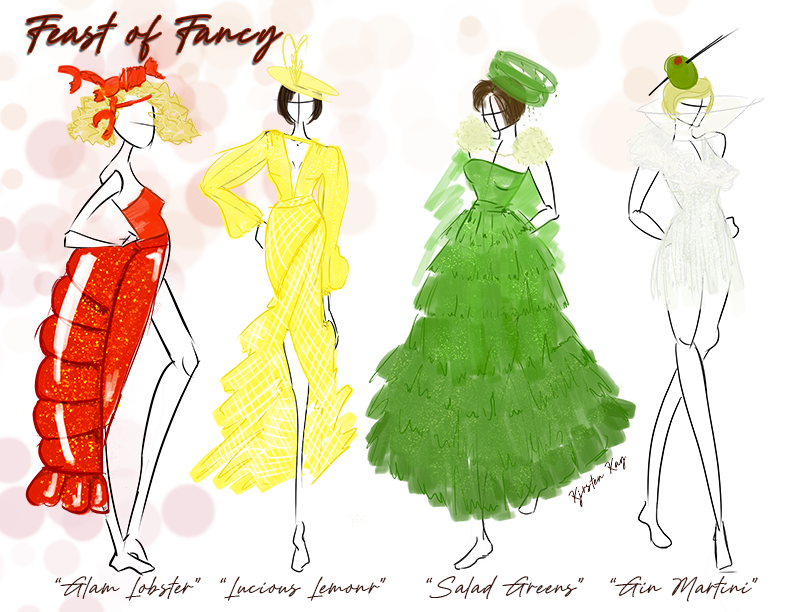  Feast of Fancy is a whimsical and sophisticated entry into a couture costume contest, celebrating haute cuisine reimagined through the lens of haute couture. This mini-collection explores an unconventional fusion of fashion and fine dining, transfor