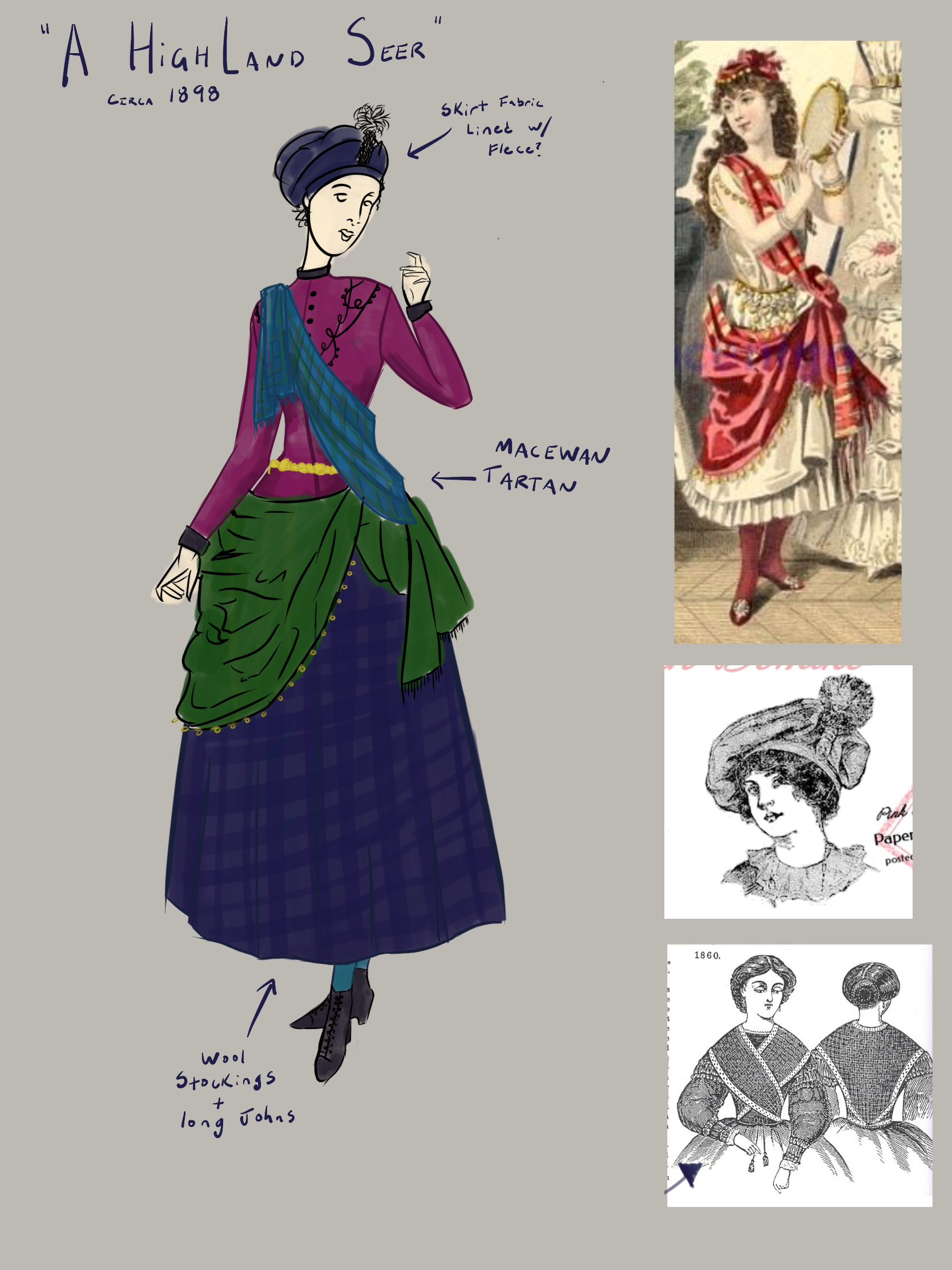  This costume was rendered &amp; designed for an 1890s Halloween event, embodying the persona of a Scottish fortune teller, loosely inspired by a character from a popular newspaper serial of the era. The design offers a glimpse into the imagination a