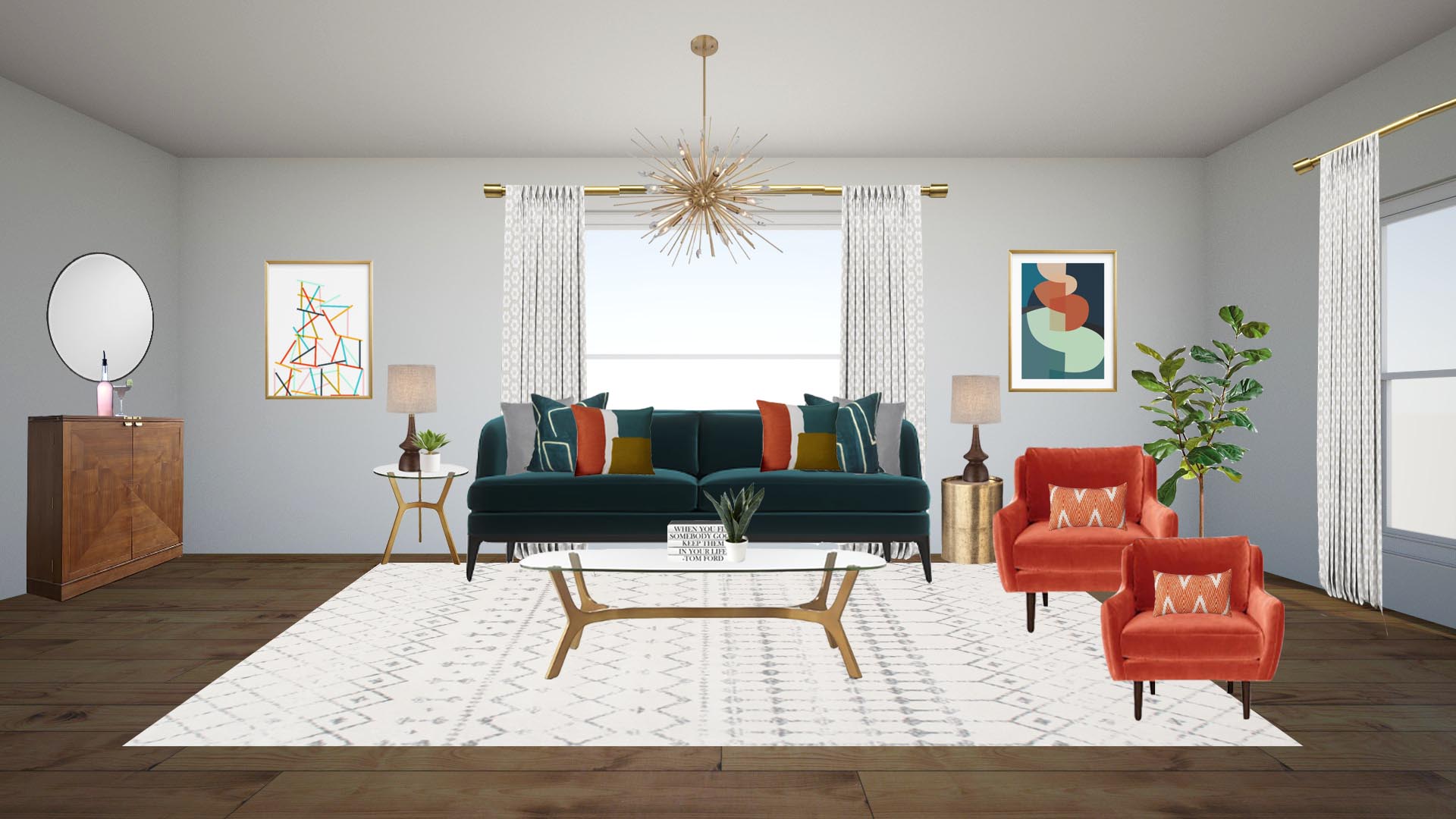 SETUP INSTRUCTIONS: -Lay down your rug as shown in floor plan -Place your large items where they go according to your floorplan. Sofa, chairs, coffee table, bar cabinet, and console table. -Now place your smaller items. End tables, accessories, lamps. -Now it’s time to hang lighting, draperies, and artwork. LAMPS: Left table//Place lamp in center of the table. Layer plant in front and over a couple inches to the right. These items should touch. PILLOWS: Start by placing the largest pillows on the outside and layering in as they get smaller. This should work out just like your rendering shows. For the orange lumbar pillows, center them on the orange velvet chairs. COFFEE TABLE: Place a stack of 5 to 6 books on the coffee table and 4-6” to the right place the snake plant. You could also set a wood or gold tray that you could set these items in. ARTWORK: Typically you want to center the artwork between the ceiling and the floor. Make sure not to hang too high as this will throw off the balance of the room. Center each piece on its specified art wall. See below SPECIFICS FOR ARTWORK: Bottom of the artwork should be 3 feet from the floor and outside (opposite of window) of artwork should be about 2’ from the wall. DRAPERIES: Detailed instructions under draperies on shopping list :)
