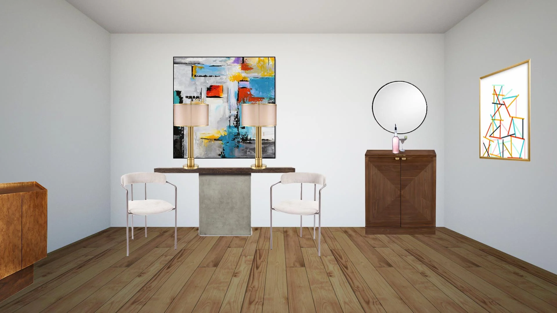 SETUP INSTRUCTIONS: ROUND MIRROR: Hang round mirror about 12” from the top of the bar. Center the best you can above. CONSOLE TABLE: Lamps should be placed about 12” in on each side. You may want to play with this a little based on where you naturally want to set down your drinks when you’re sitting at this table. Place chairs in front as shown in your floor plan. Leave approximately 6” from top of the console table and the bottom of the artwork. Center the best you can. Just to be clear, this console table is not bar height it is about 30” high. The chairs are regular dining chair height. I think this works best for the function of the room.