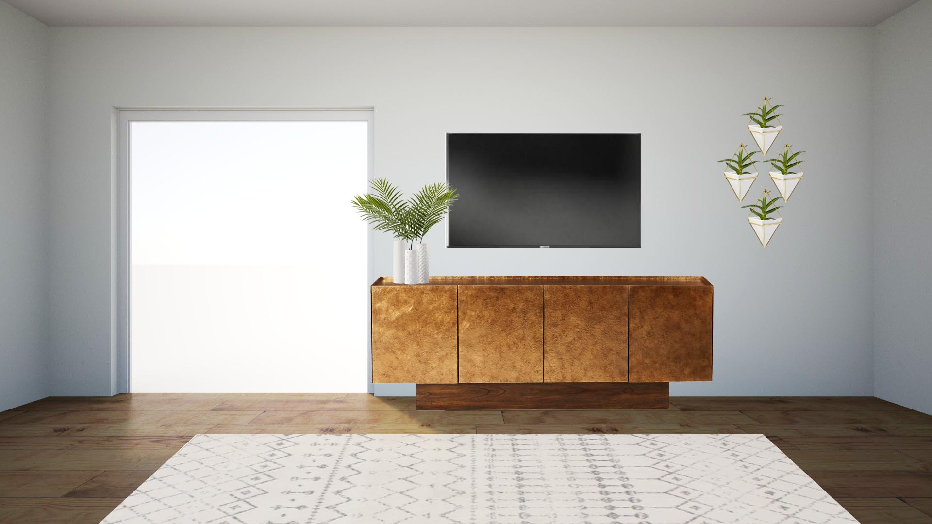 SETUP INSTRUCTIONS: Place gold cabinet as shown in floor plan VASES: Layer with largest in the back left, smallest in the middle, and medium sized to the right. There will probably be 1 or 2” in between each one. Place a faux palm leaf in each vase. TV: Mount WALL DECOR: Order 2 sets (see shopping list below) of planters and hang in a diamond pattern. Hang the top one about 6” above tv height and layer the others below with about 6-8” between each. Let me know if you need help with this. I’m happy to draw a little diagram.
