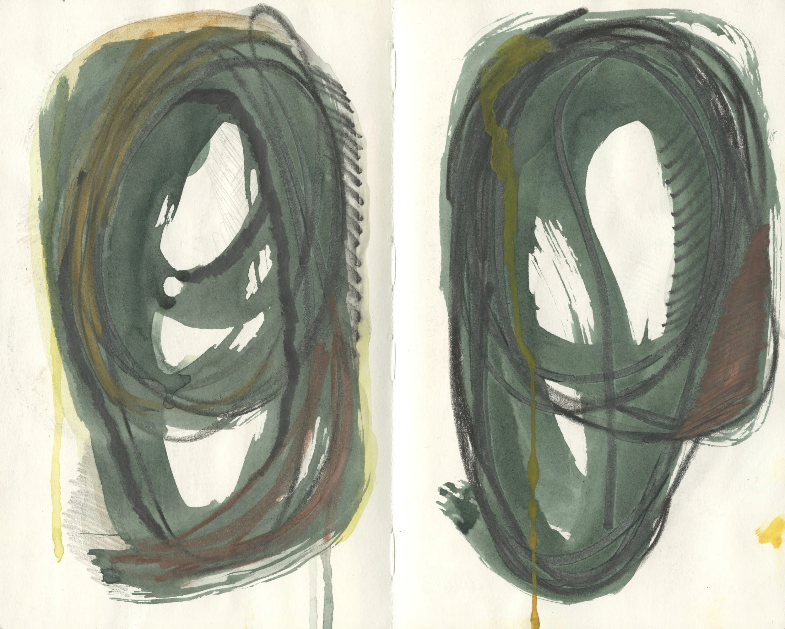 Watercolor, water soluble pastels, and graphite.