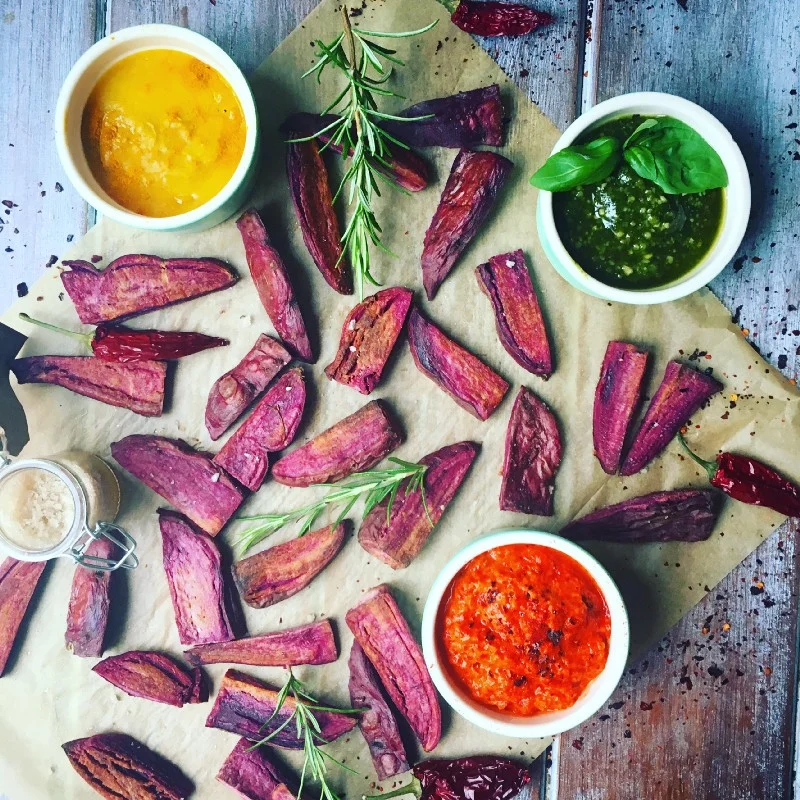Roasted Purple Sweet Potatoes with a Trio of dipping sauces