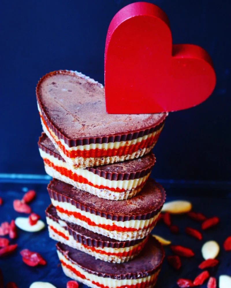 Tahini Salted Caramel &amp; Goji Berry Chocolate Layered Hearts