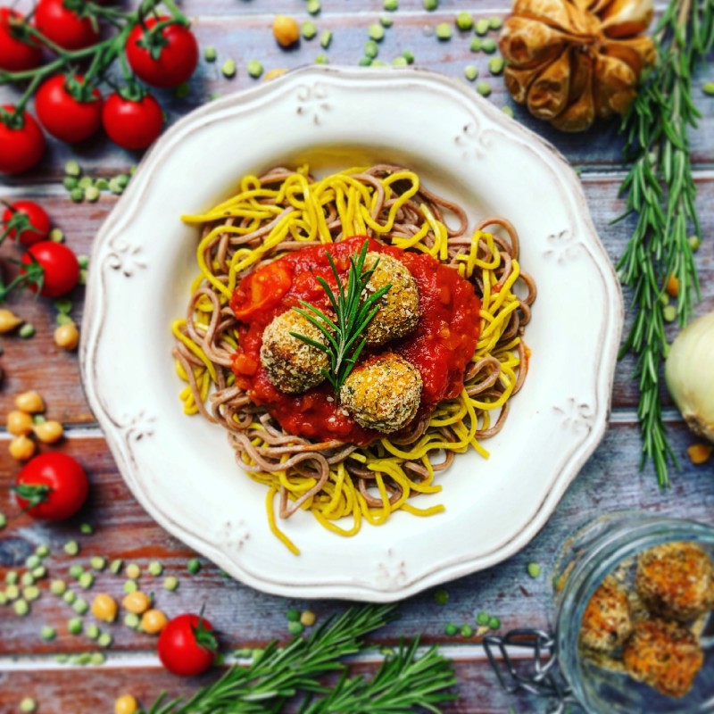 Vegan Meatballs & Spaghetti….that transform into Herby Falafels as leftovers. Two meals for the price of one!