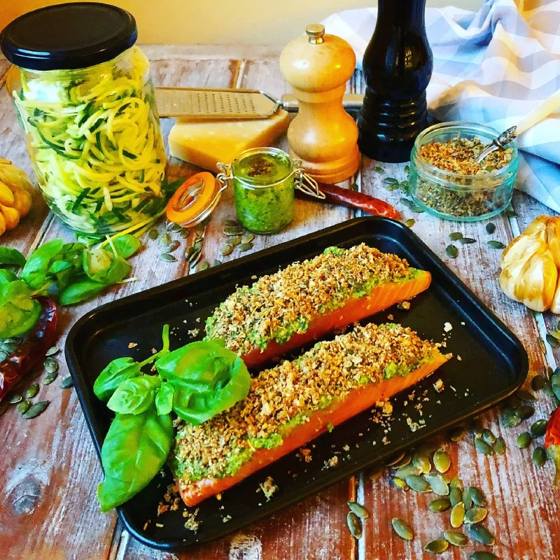 Pesto Marinated and Herby Seeded Breadcrumb Crusted Salmon